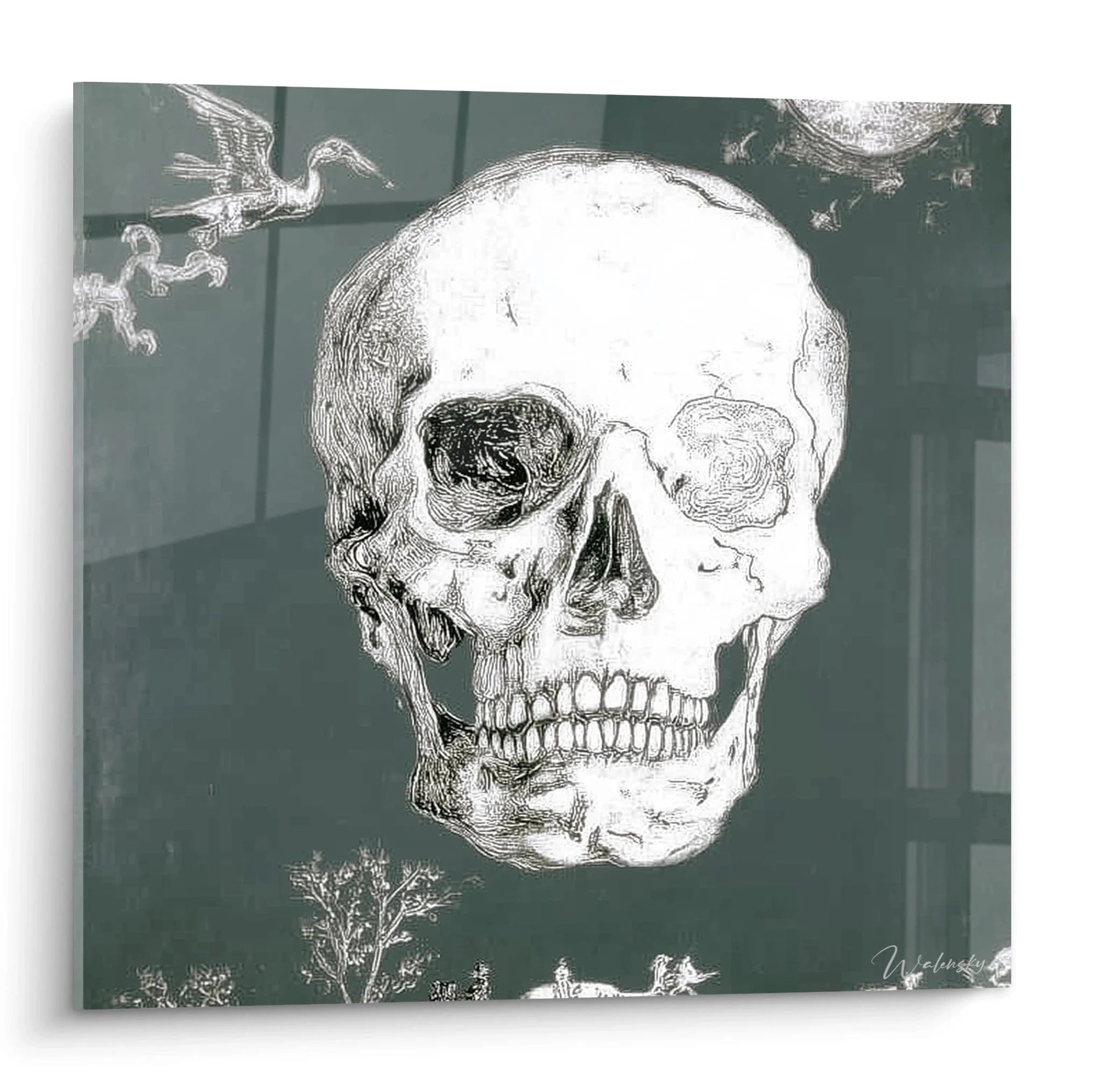 Wandbild Totenschädel Vanitas Edition - Memento Mori Anatomie Kunstdruck mit botanischen Elementen