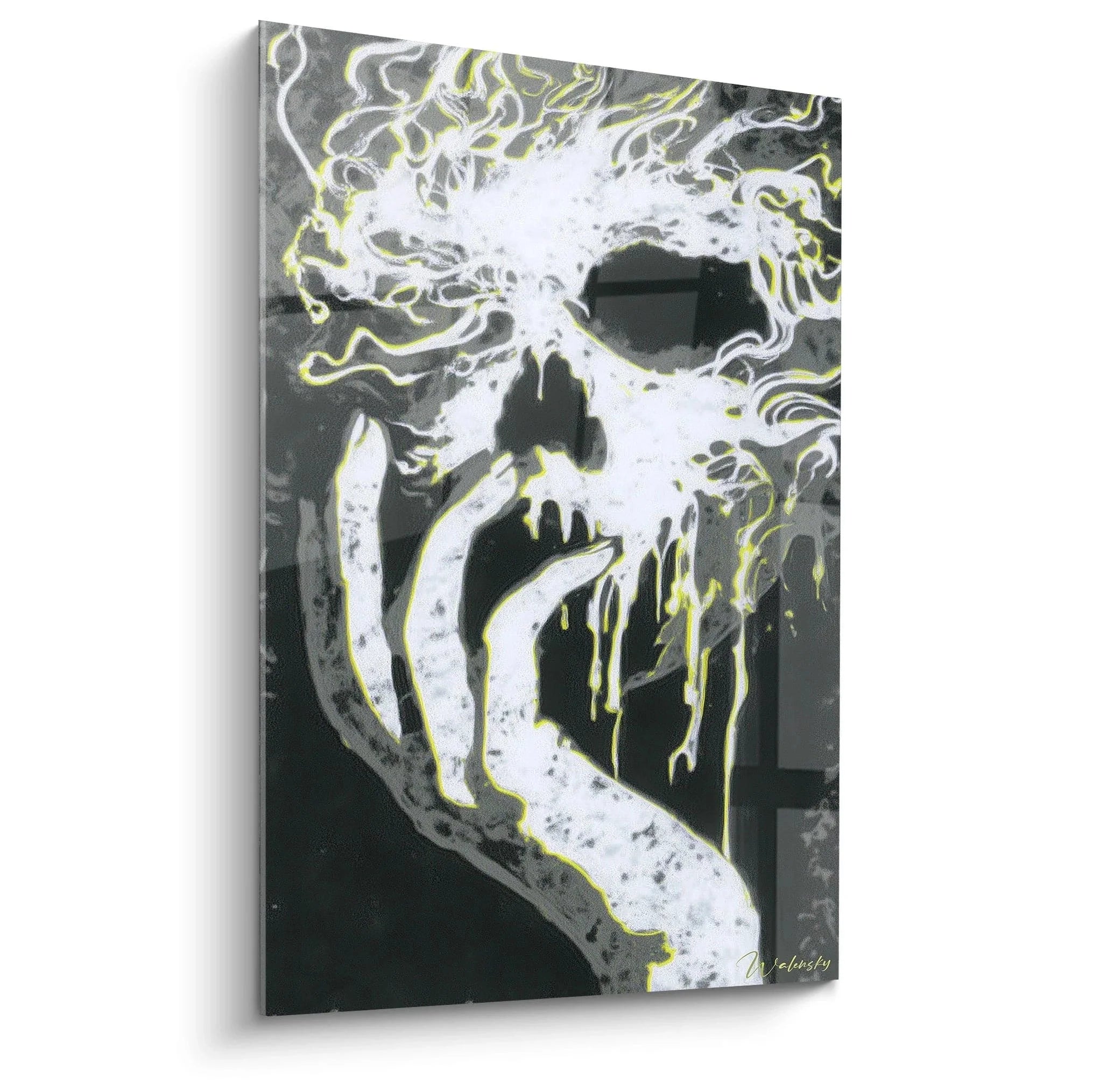 Wandbild Totenschädel Vanitas in Schwarz-Weiß-Gelb mit fließenden organischen Formen - Edition Vanitas