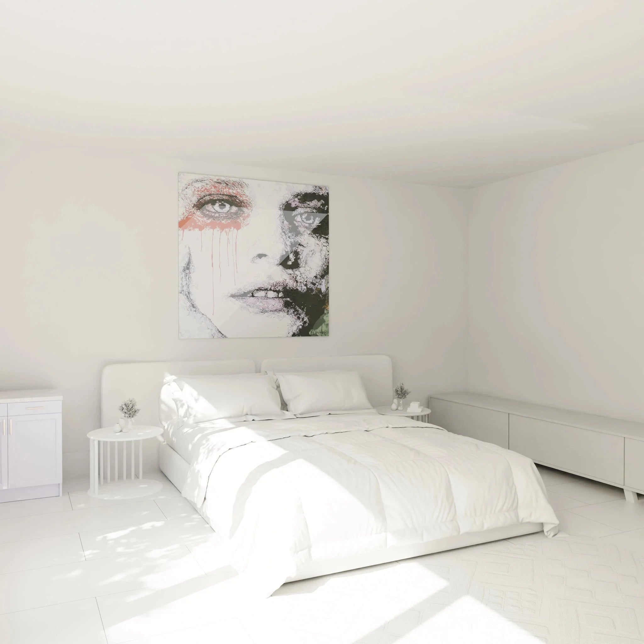 Emotionales Wandbild mit weinendem Auge als moderne Schlafzimmer Wanddekoration in rot-violetten Tönen
