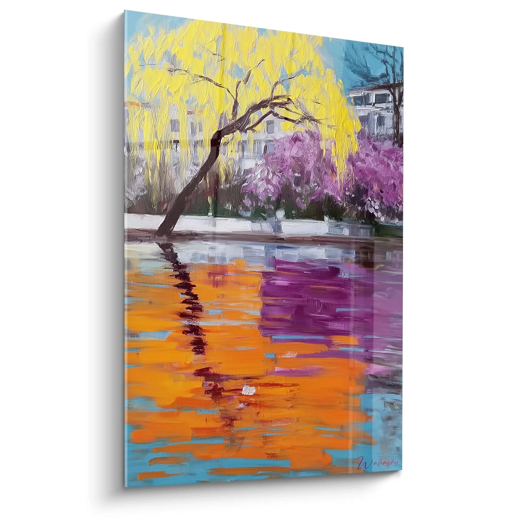 Impressionistisches Wandbild Trauerweide mit Wasserspiegelung in lebendigen Farben, Premium Kunstdruck