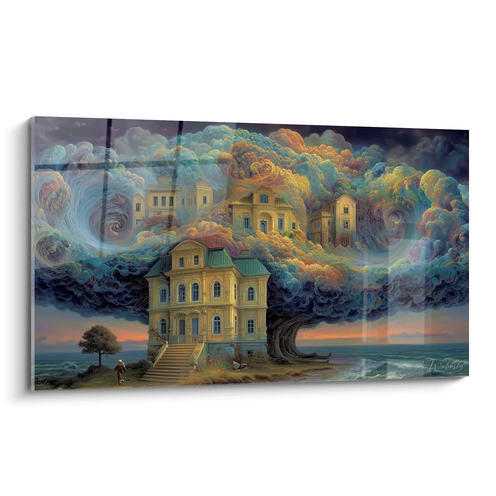 Wandbild Traumhaus Surrealismus - Schwebende gelbe Villa in farbigen Wolken mit magischer Atmosphäre