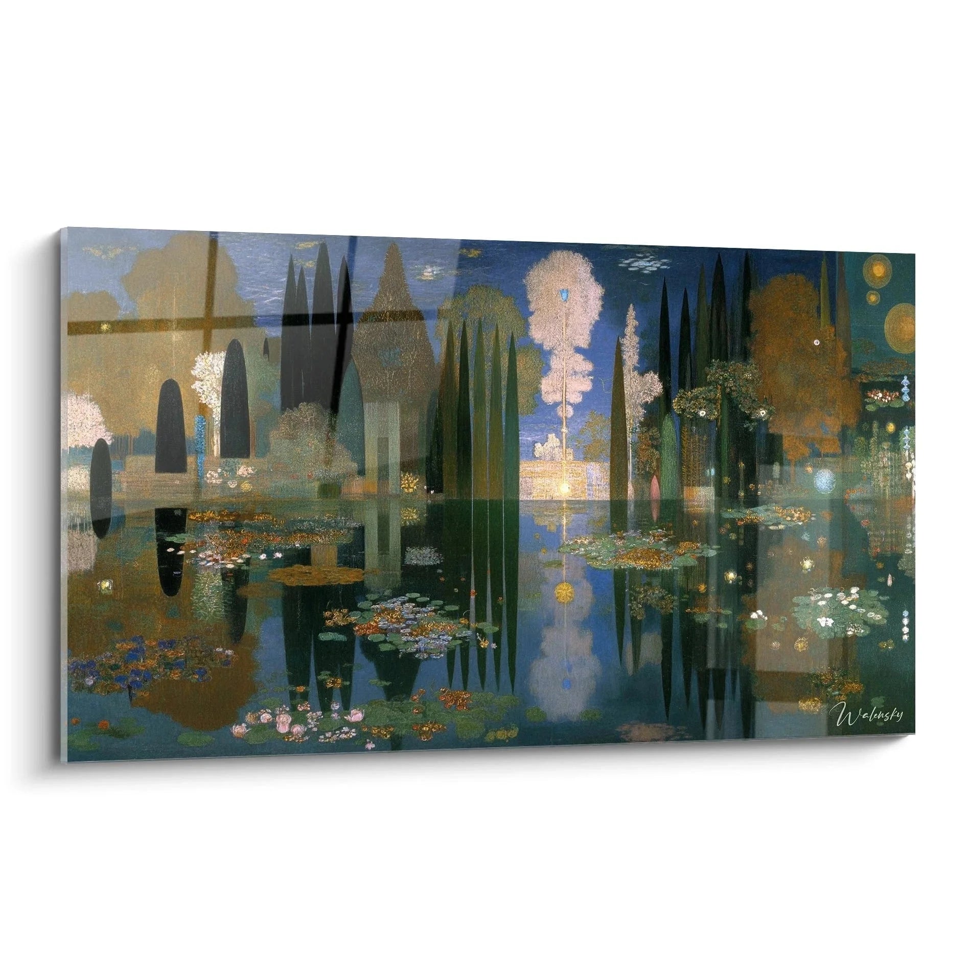 Wandbild Traumlandschaft Symbolismus mit Zypressen und Wassergarten in mystischer Atmosphäre