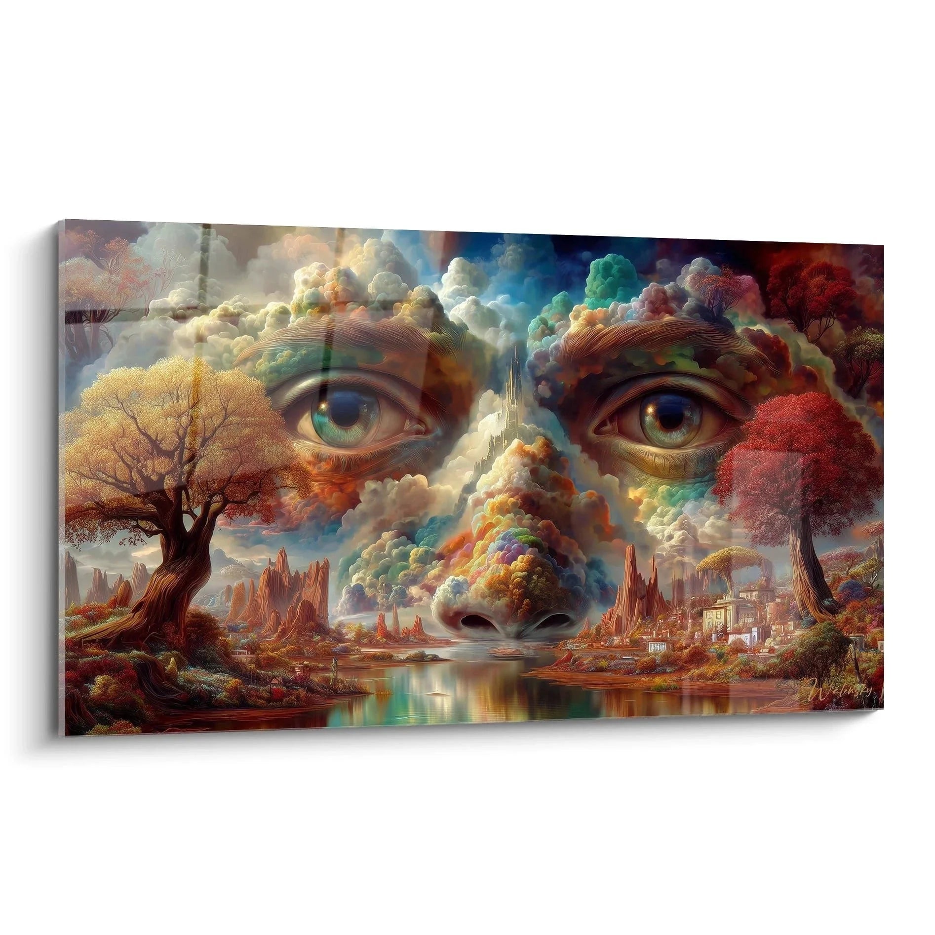 Wandbild surreale Traumlandschaft mit visionären Augen in bunten Wolken und herbstlicher Landschaft