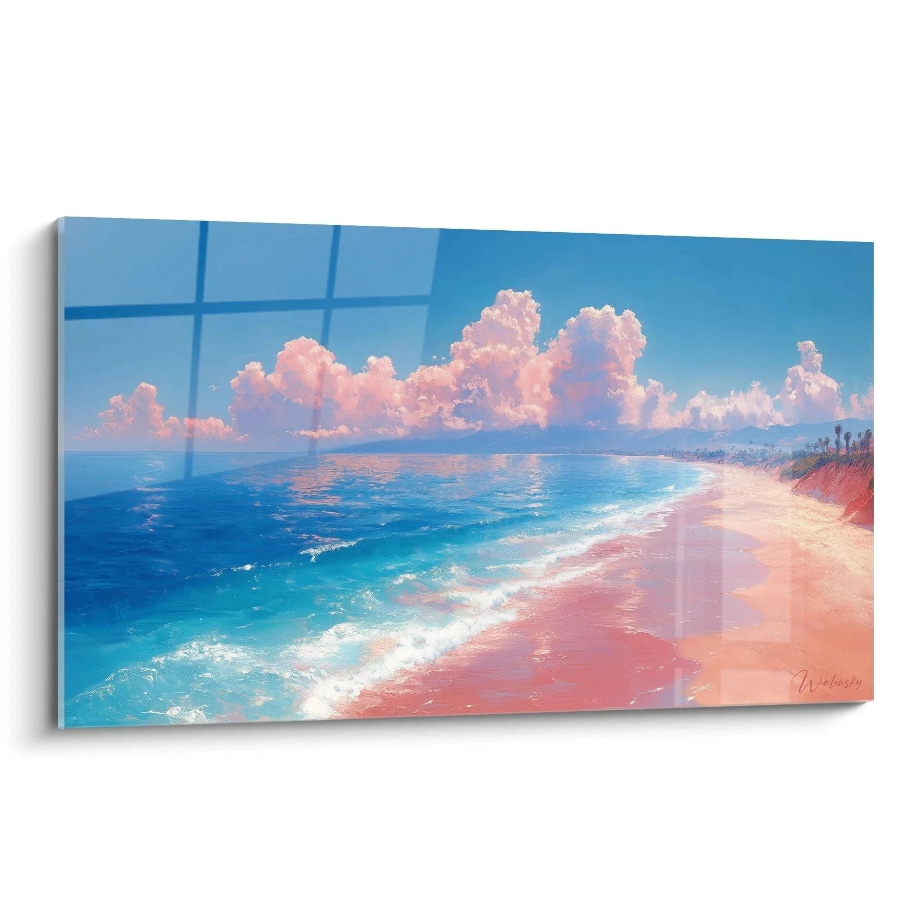 Wandbild Traumstrand mit rosa Wolken über türkisblauem Meer und Sandstrand in Pastellfarben