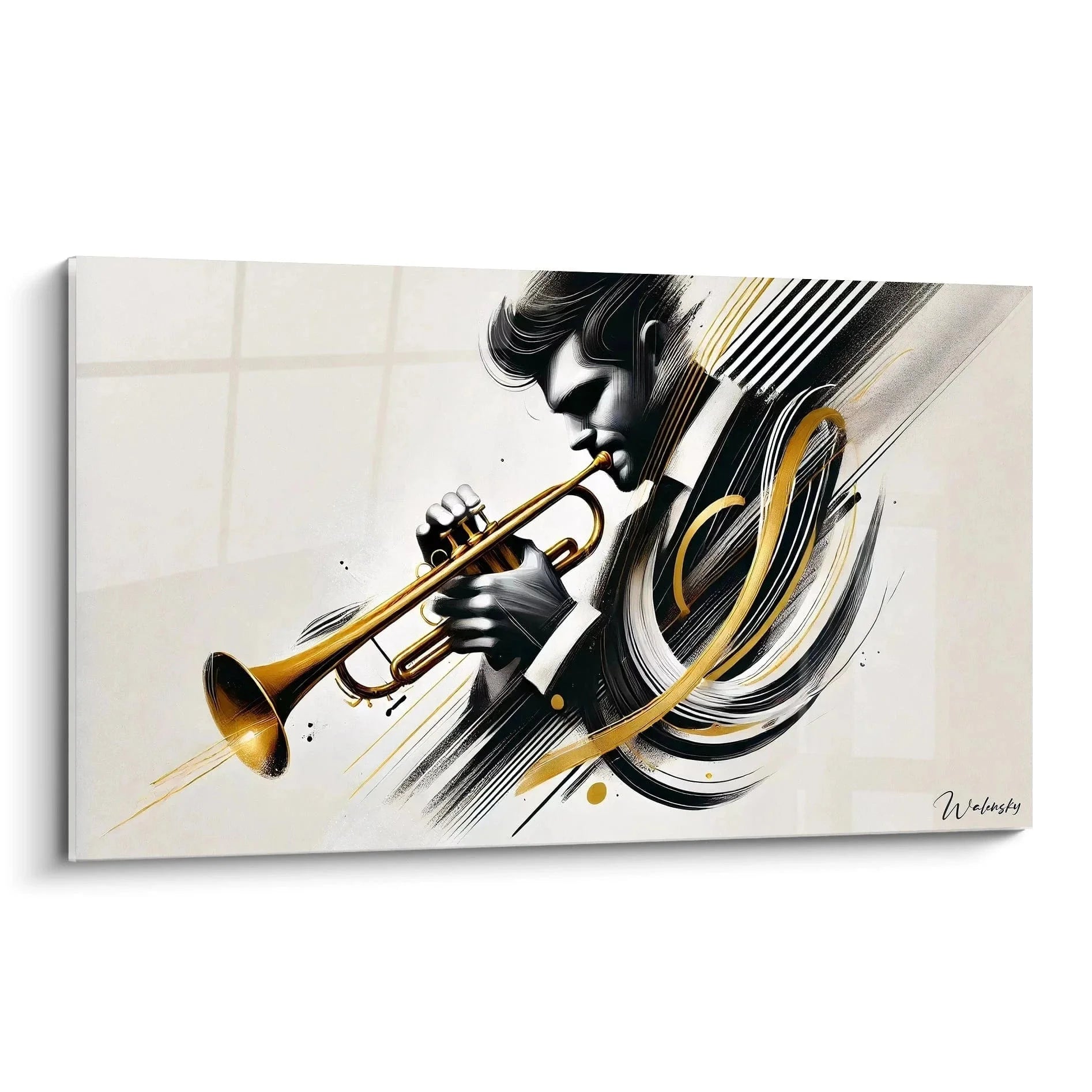 Wandbild Trompeter Jazz abstrakt mit goldenen Akzenten - moderne Musikkunst Wanddeko