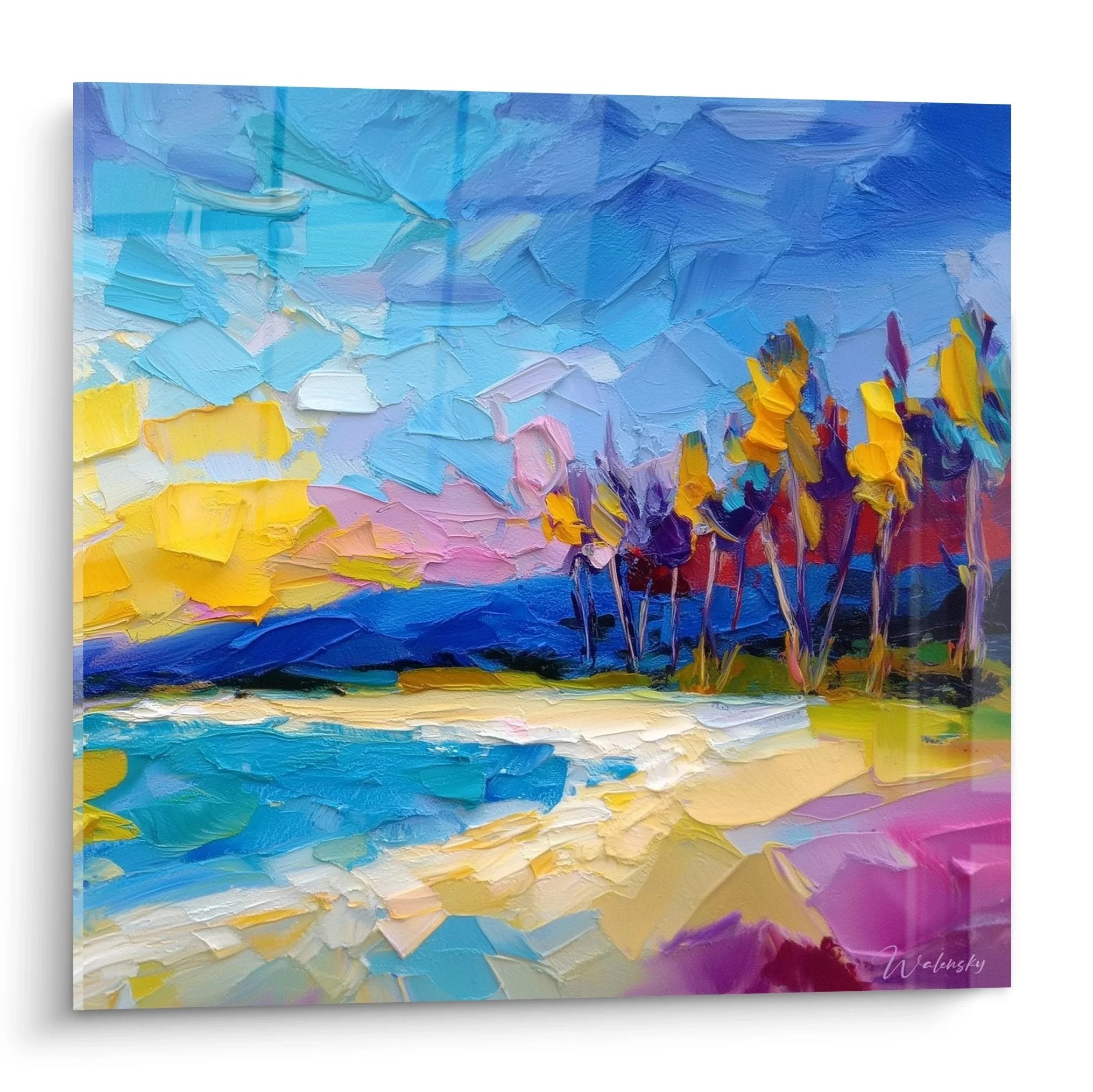 Wandbild tropische Bucht mit Palmen und türkisblauem Meer in Impasto-Technik gemalt