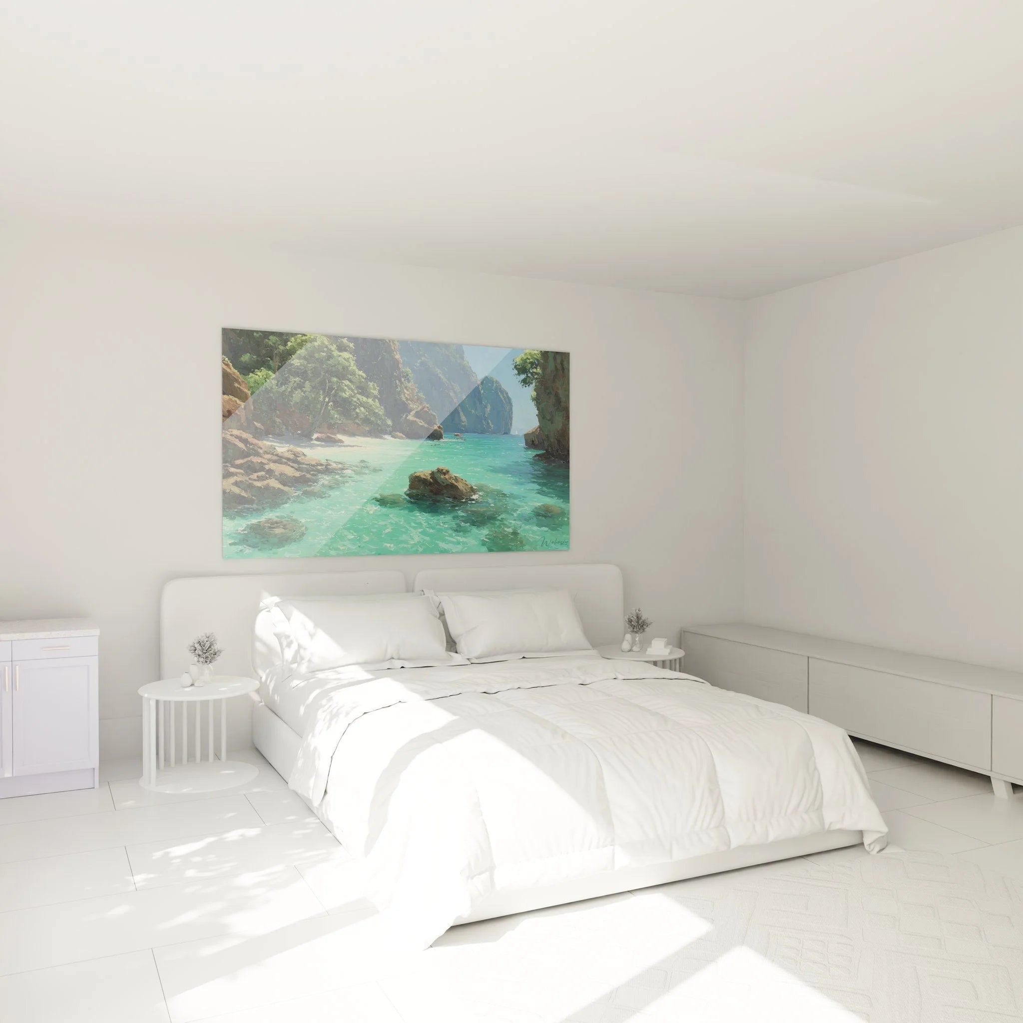 Wandbild tropische Meeresbucht als stilvolle Wanddekoration im Schlafzimmer mit beruhigender Wirkung