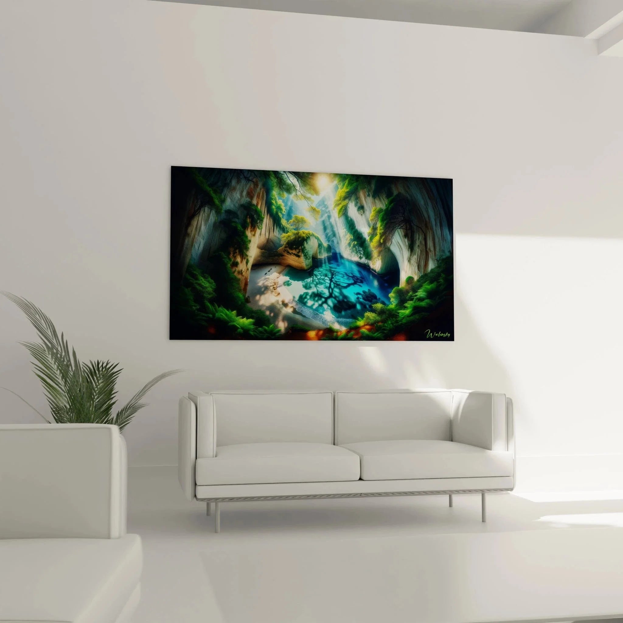 Detailansicht Wandbild Tropenhöhle - türkisfarbenes Wasser und tropische Vegetation in Premium Qualität