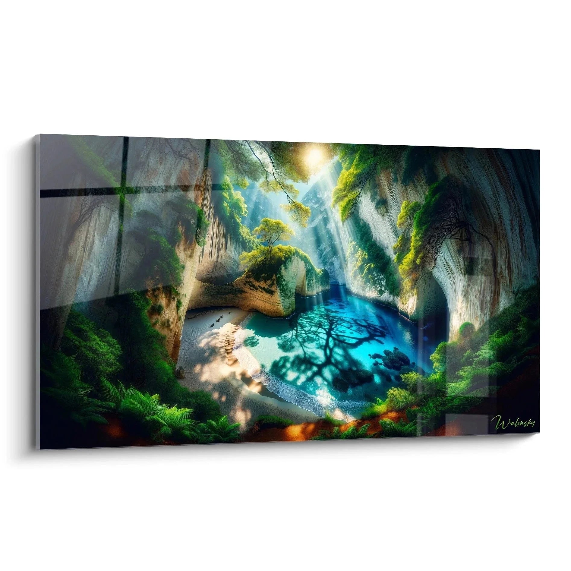 Wandbild tropische Höhle mit türkisfarbenem Wasser und Wasserfall - mystisches Naturparadies Leinwanddruck