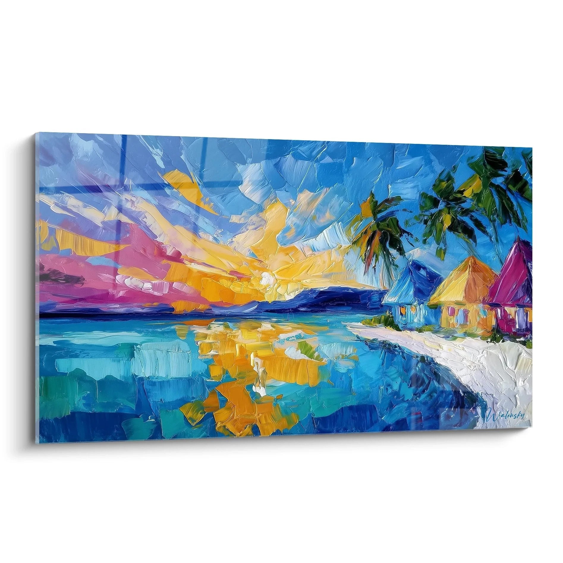 Wandbild tropische Insel mit Palmen und bunten Strandhütten im Sonnenuntergang, Karibik Kunstdruck XXL