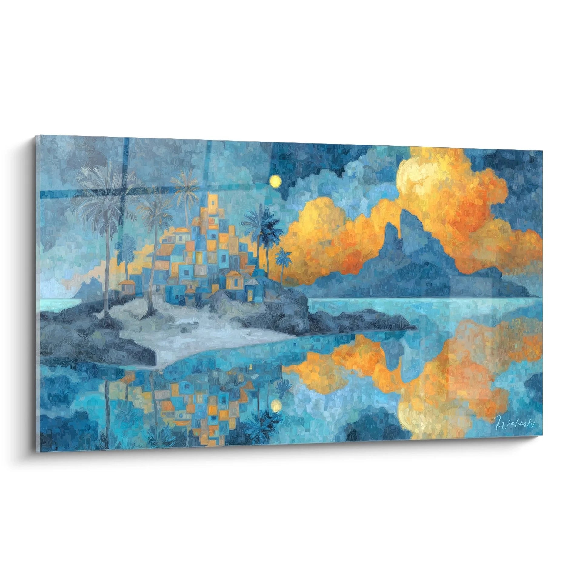 Wandbild tropische Insel mit goldenen Wolken, Vulkan und türkisem Wasser im Paradies-Stil