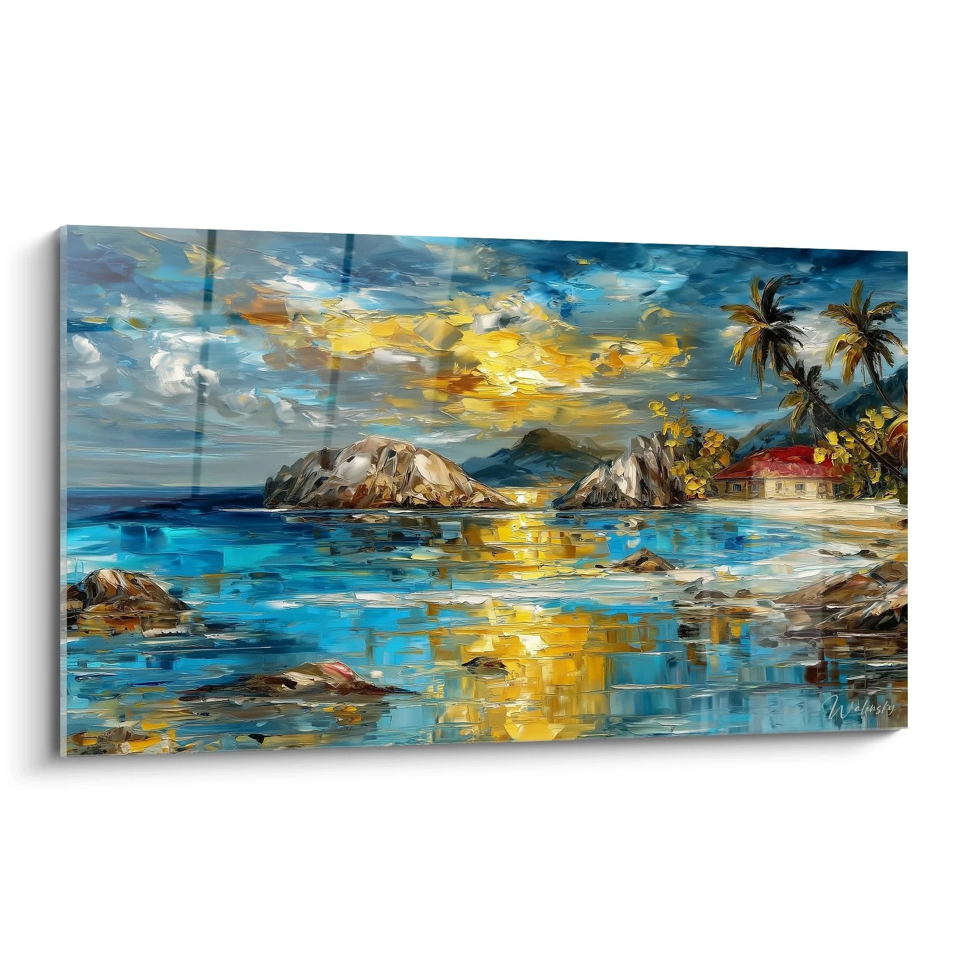 Wandbild tropische Küste mit Sonnenuntergang, Palmen und türkisfarbenem Meer in impressionistischem Malstil