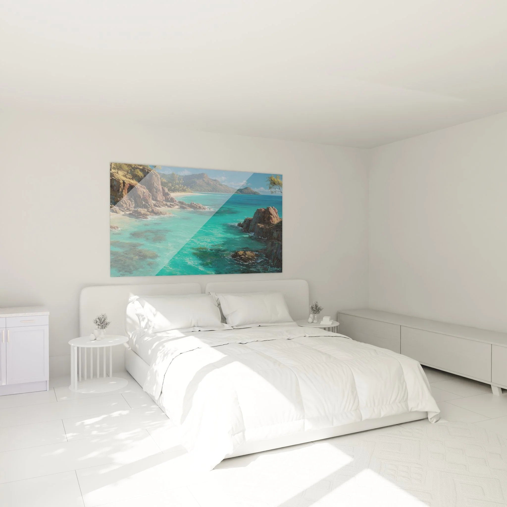 Wandbild tropische Küste im Schlafzimmer, entspannende Meereslandschaft mit türkisblauem Wasser als Wanddeko