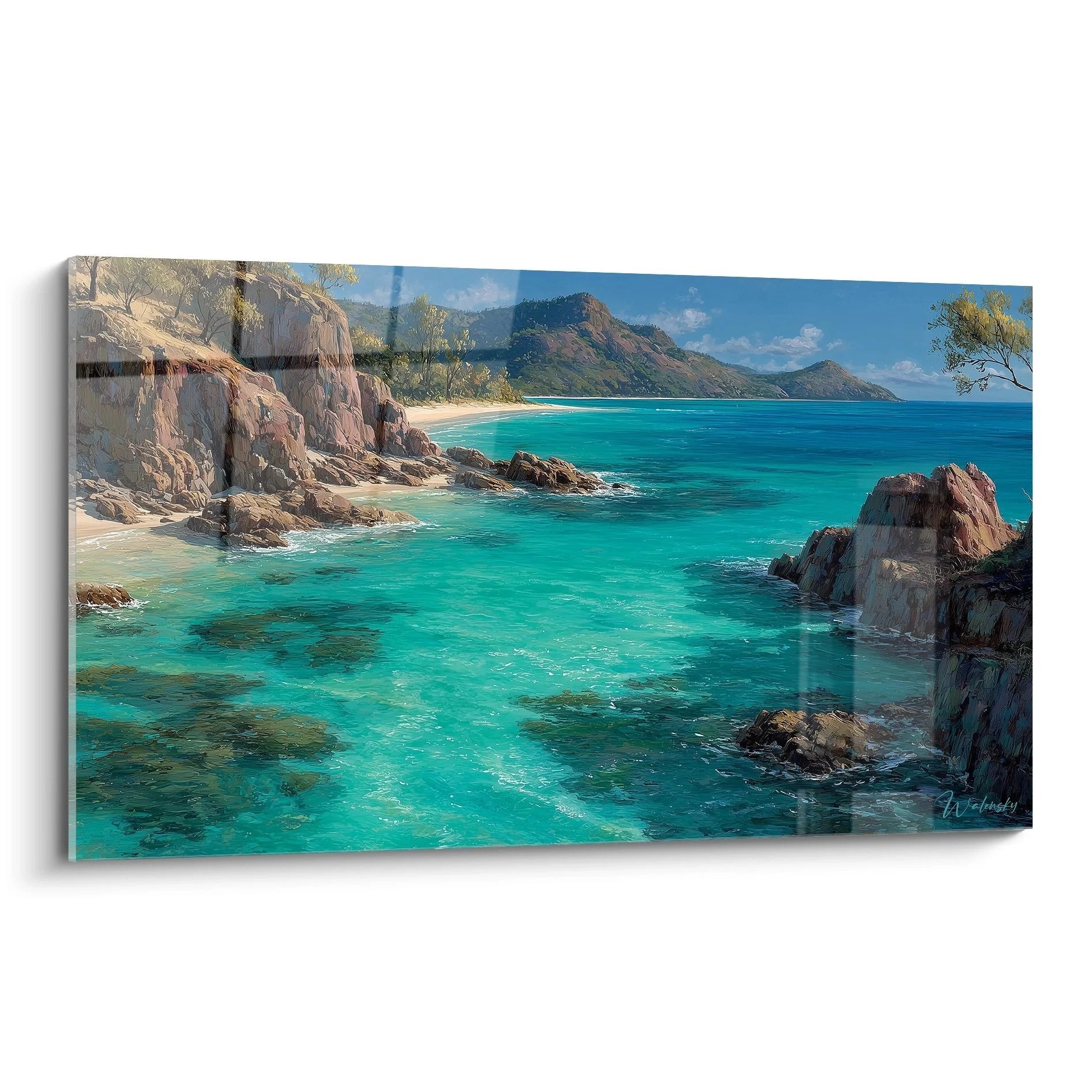 Wandbild tropische Küste mit türkisblauem Meer und Granitfelsen, traumhafte Strandlandschaft Wanddekoration