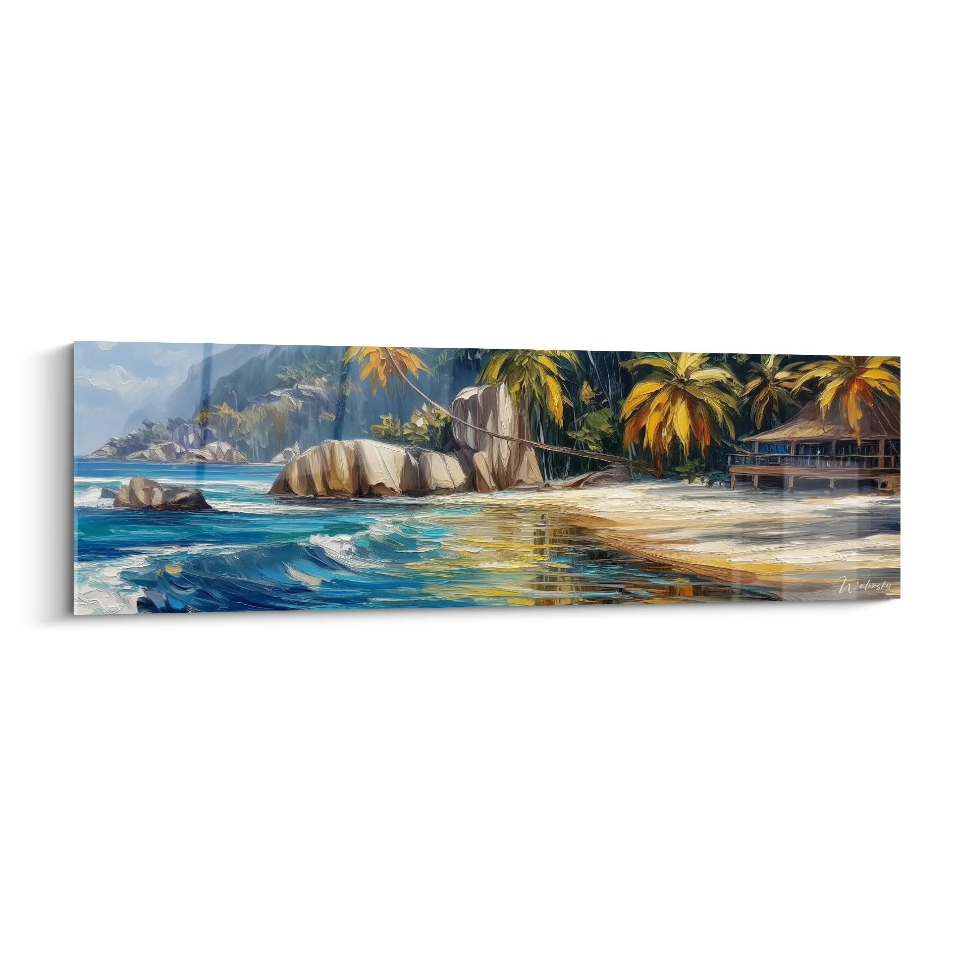 Wandbild tropische Strandszene mit türkisblauem Meer, Palmen und Granitfelsen im Seychellen-Stil
