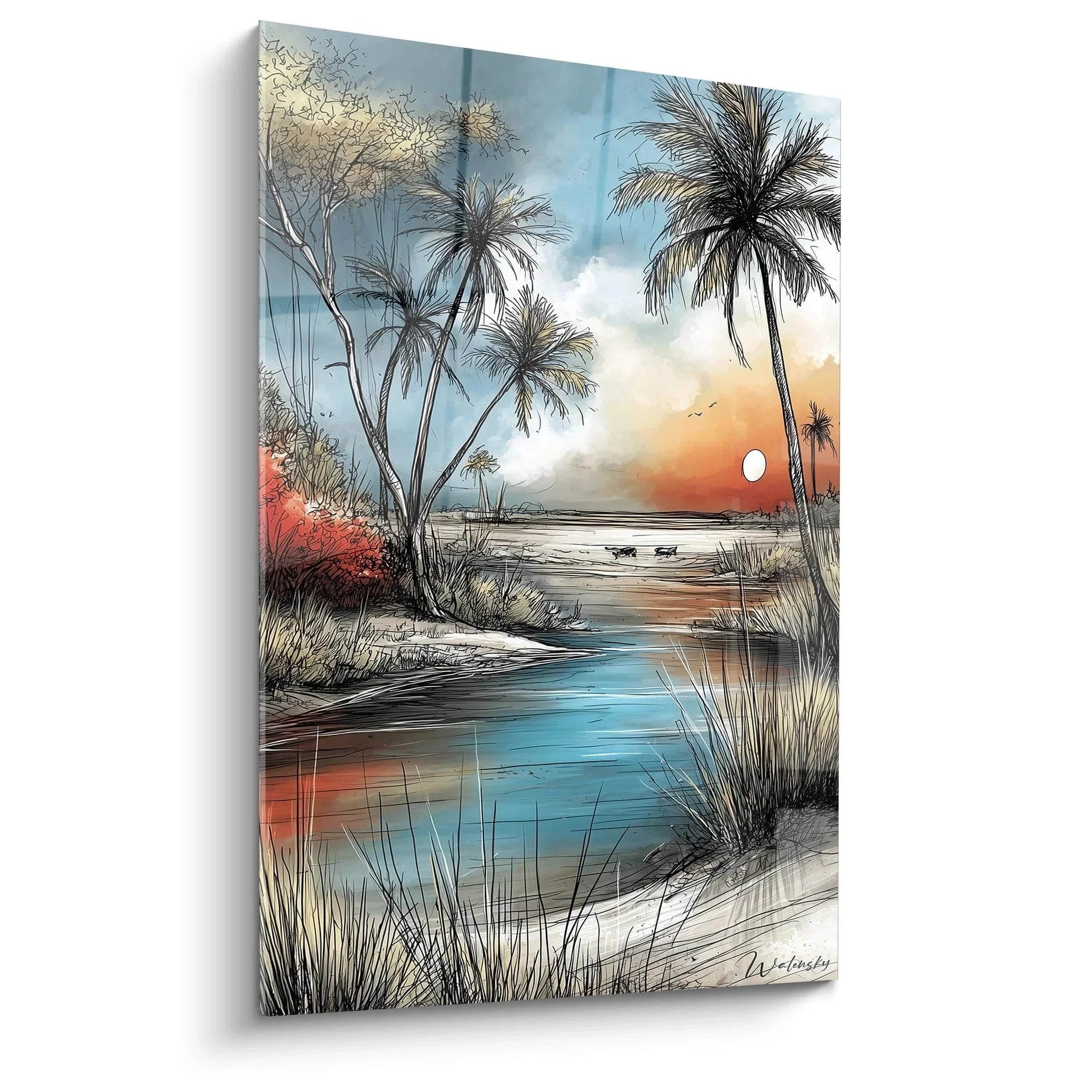 Wandbild tropischer Sonnenuntergang mit Palmen am Wasser - Afrikanische Landschaft Kunstdruck für Wohnzimmer