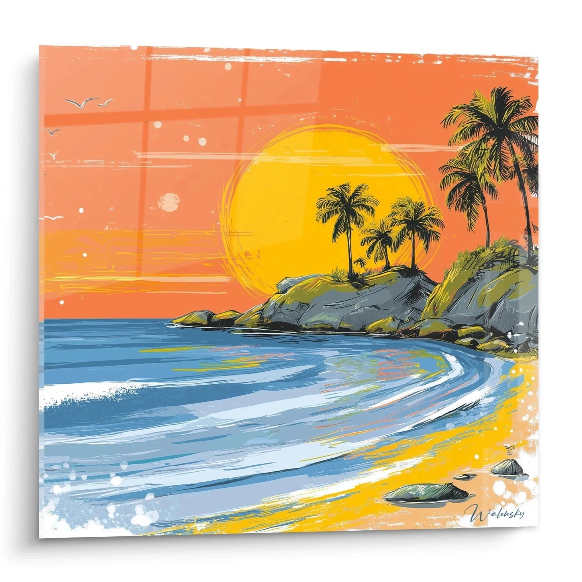 Wandbild tropischer Sonnenuntergang mit Palmen und Meer - Sommer Kunstdruck für Wohnzimmer
