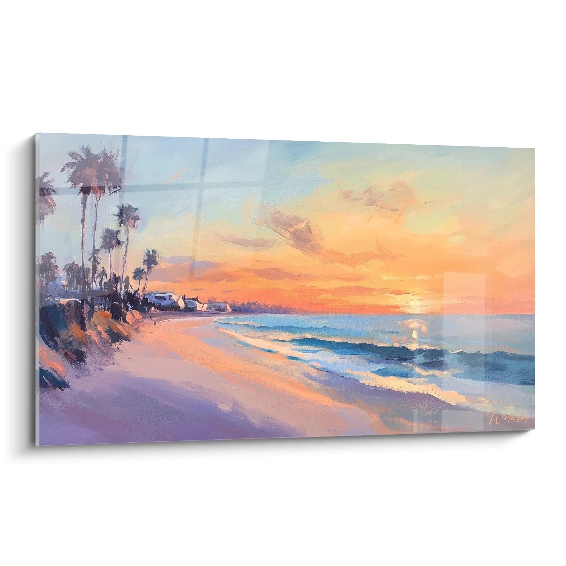 Wandbild tropischer Sonnenuntergang mit Palmen am Strand in warmen Pastellfarben