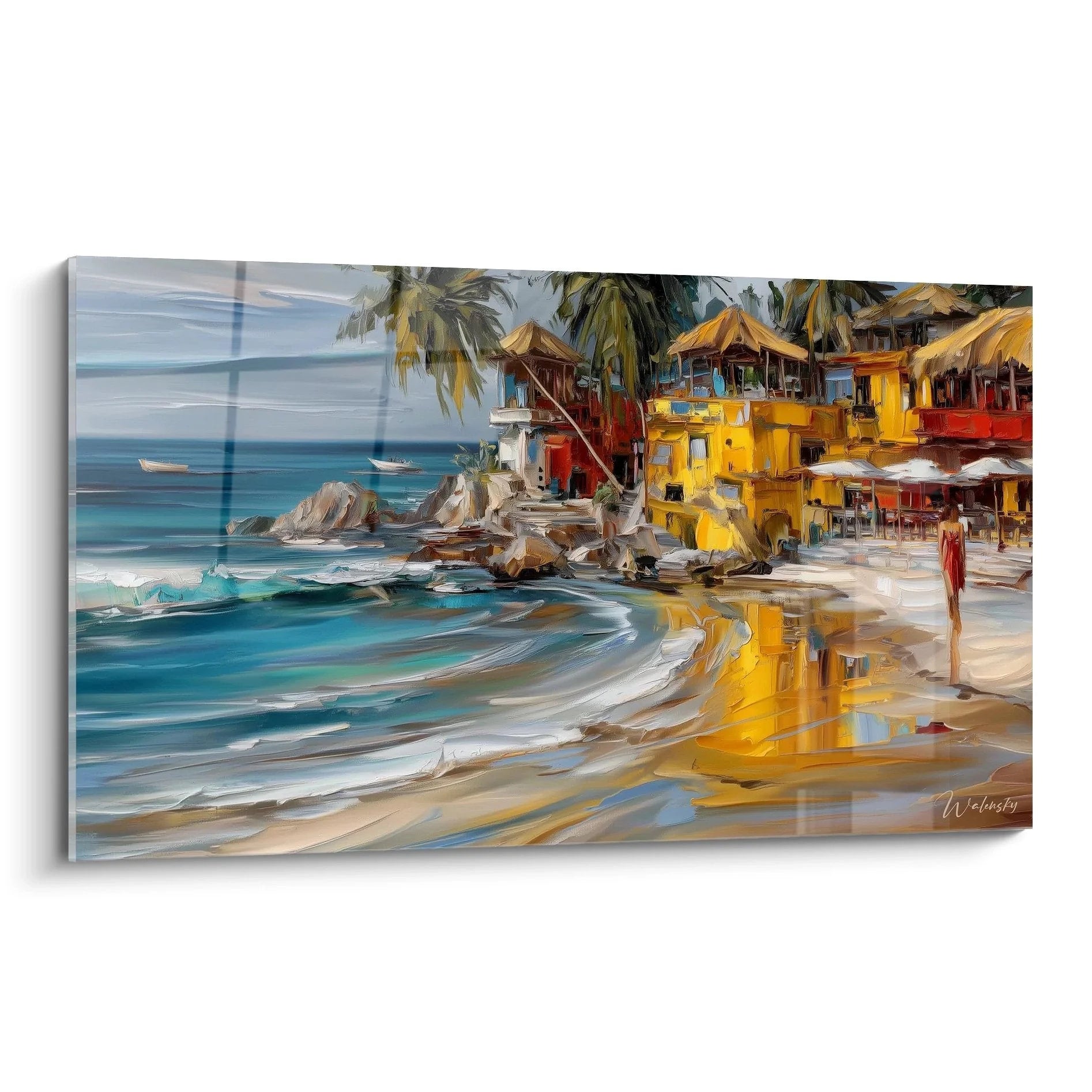 Wandbild tropischer Strand mit bunten Strandhäusern und türkisblauem Meer - Karibische Küstenidylle