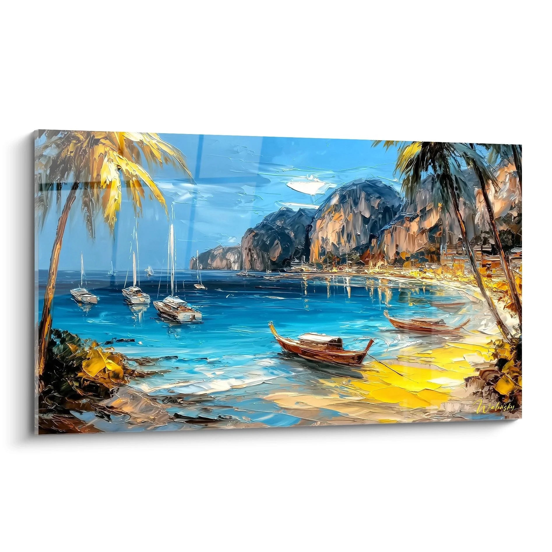 Wandbild tropischer Strand mit Palmen und Booten in türkisfarbenem Wasser - Karibisches Paradies XXL Leinwandbild