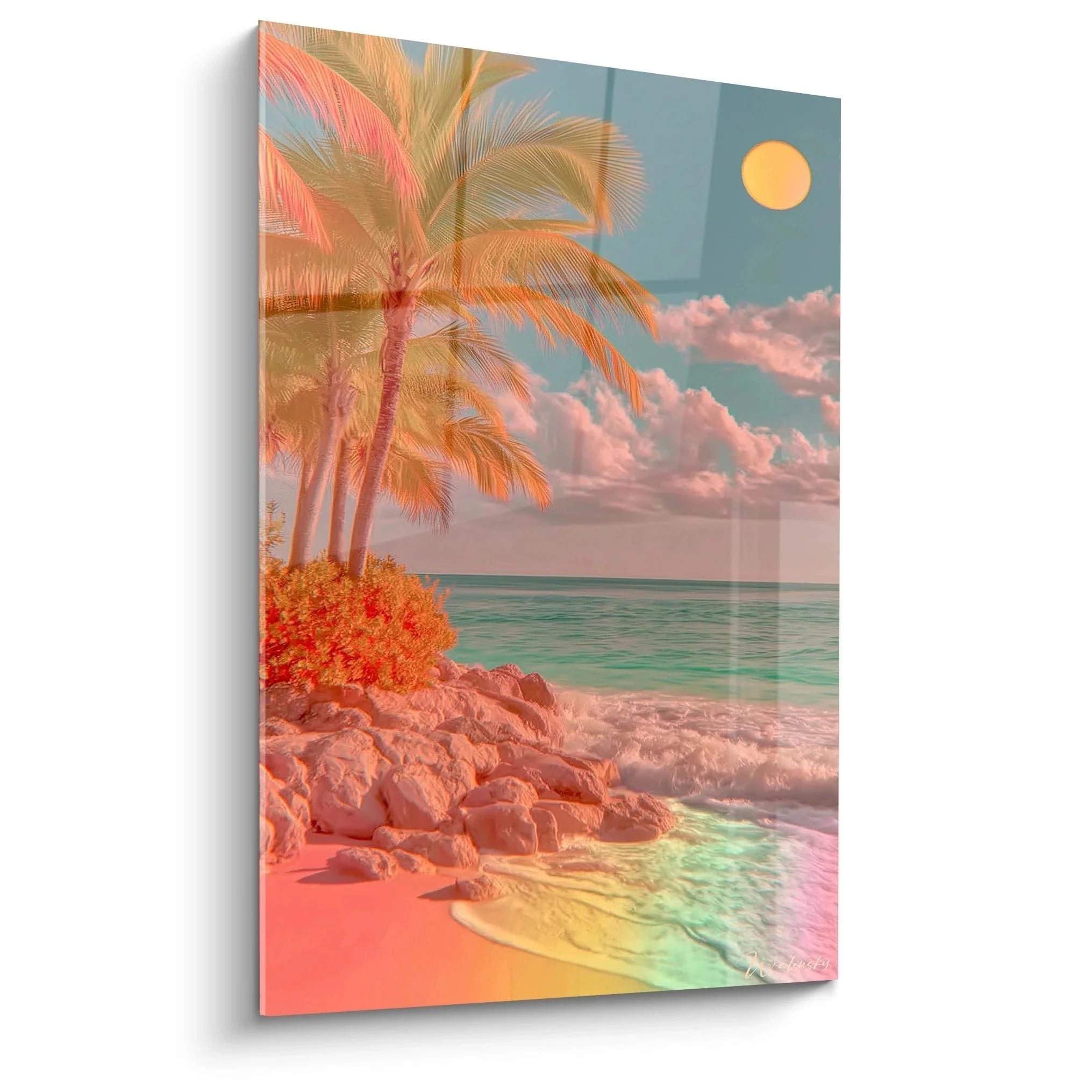 Wandbild tropischer Strand mit Palmen in rosa Sommertönen - paradiesische Urlaubsstimmung XXL