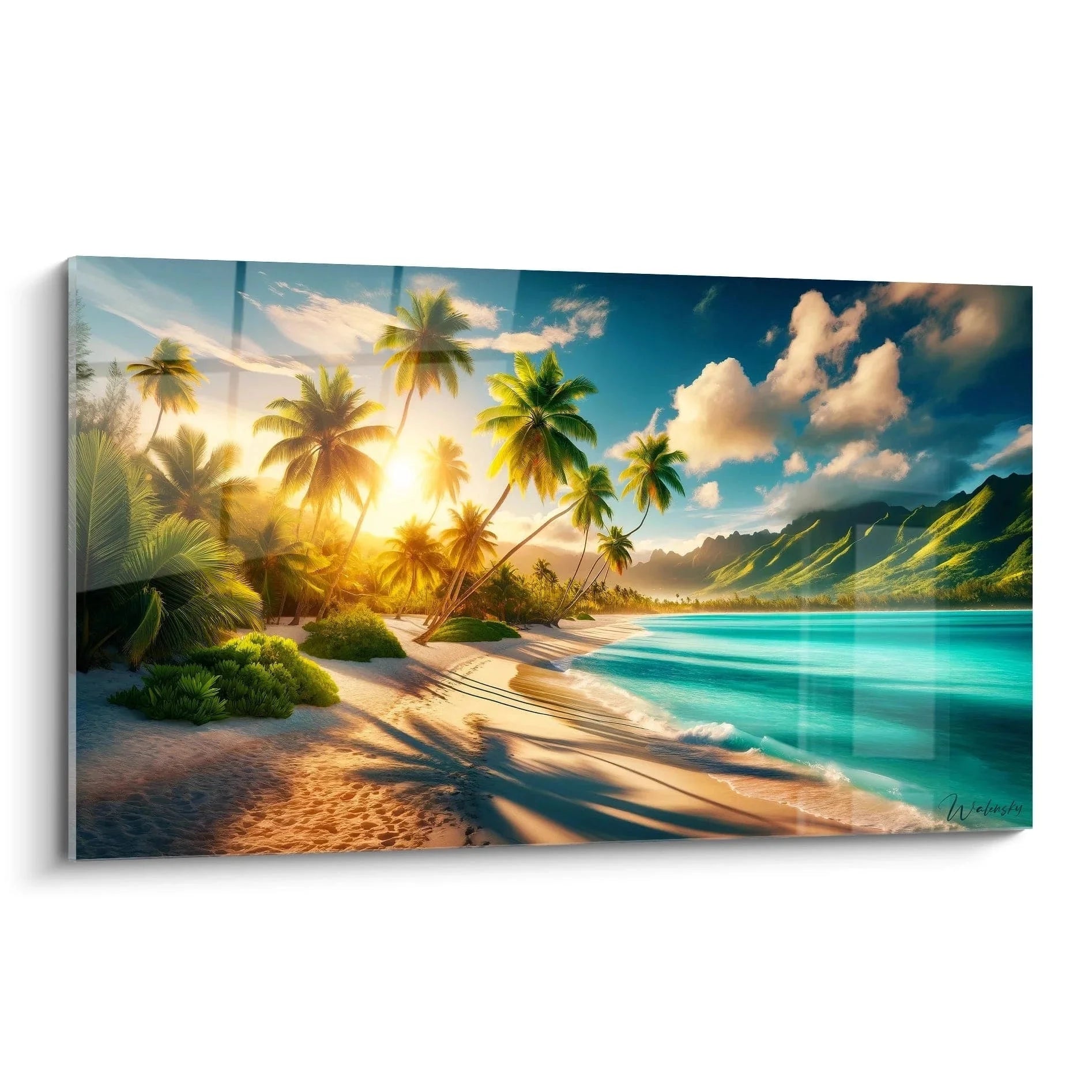 Wandbild tropischer Strand mit palmen sonnenuntergang türkisblaues wasser edition palme