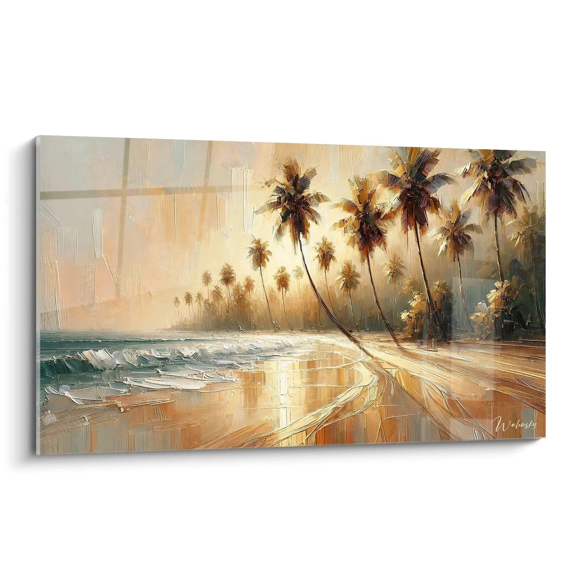 Wandbild tropischer Strand mit Palmen bei goldenem Sonnenuntergang, türkisblaues Meer und goldener Sand