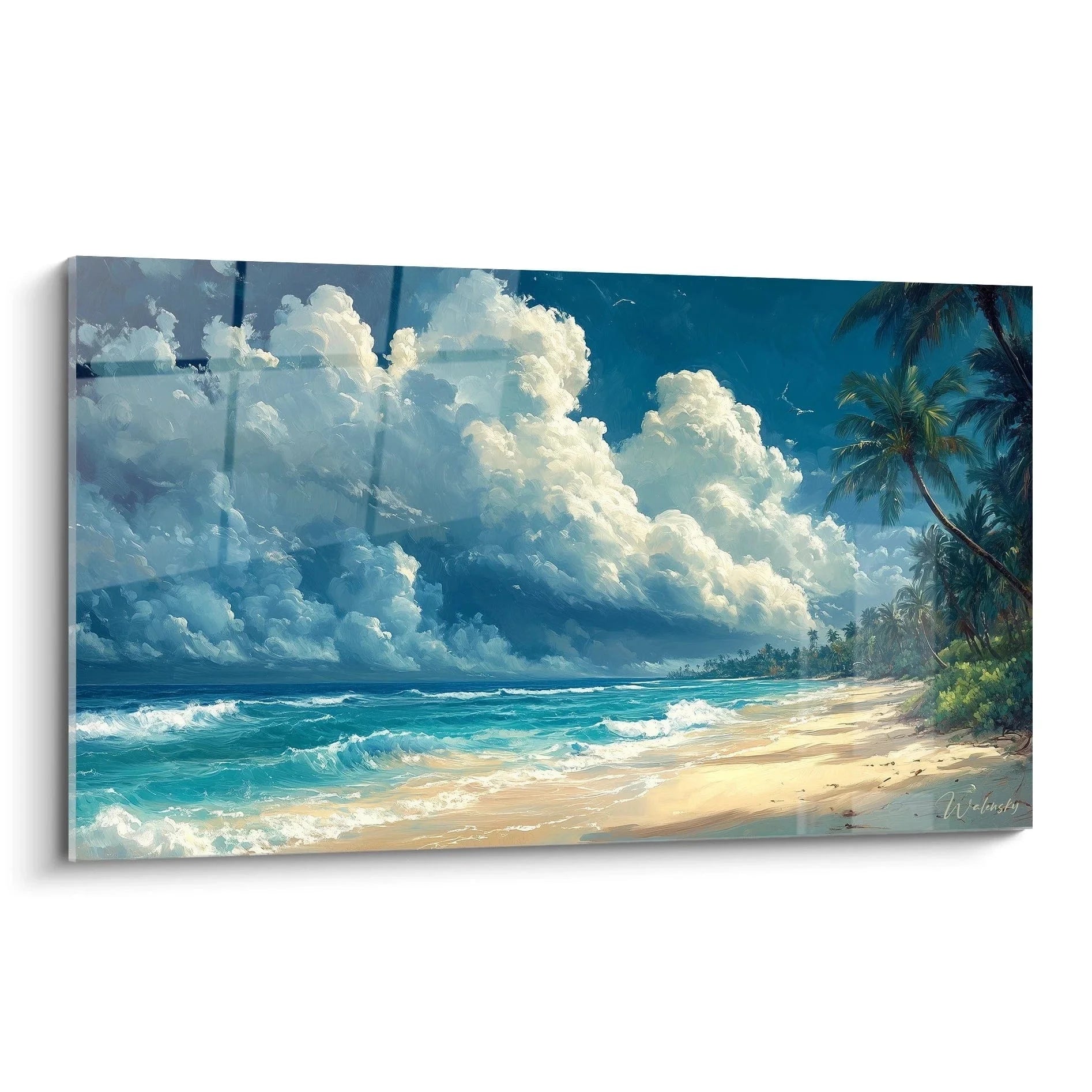 Wandbild tropischer Strand mit türkisem Meer, Palmen und dramatischen Wolken - Edition Strand