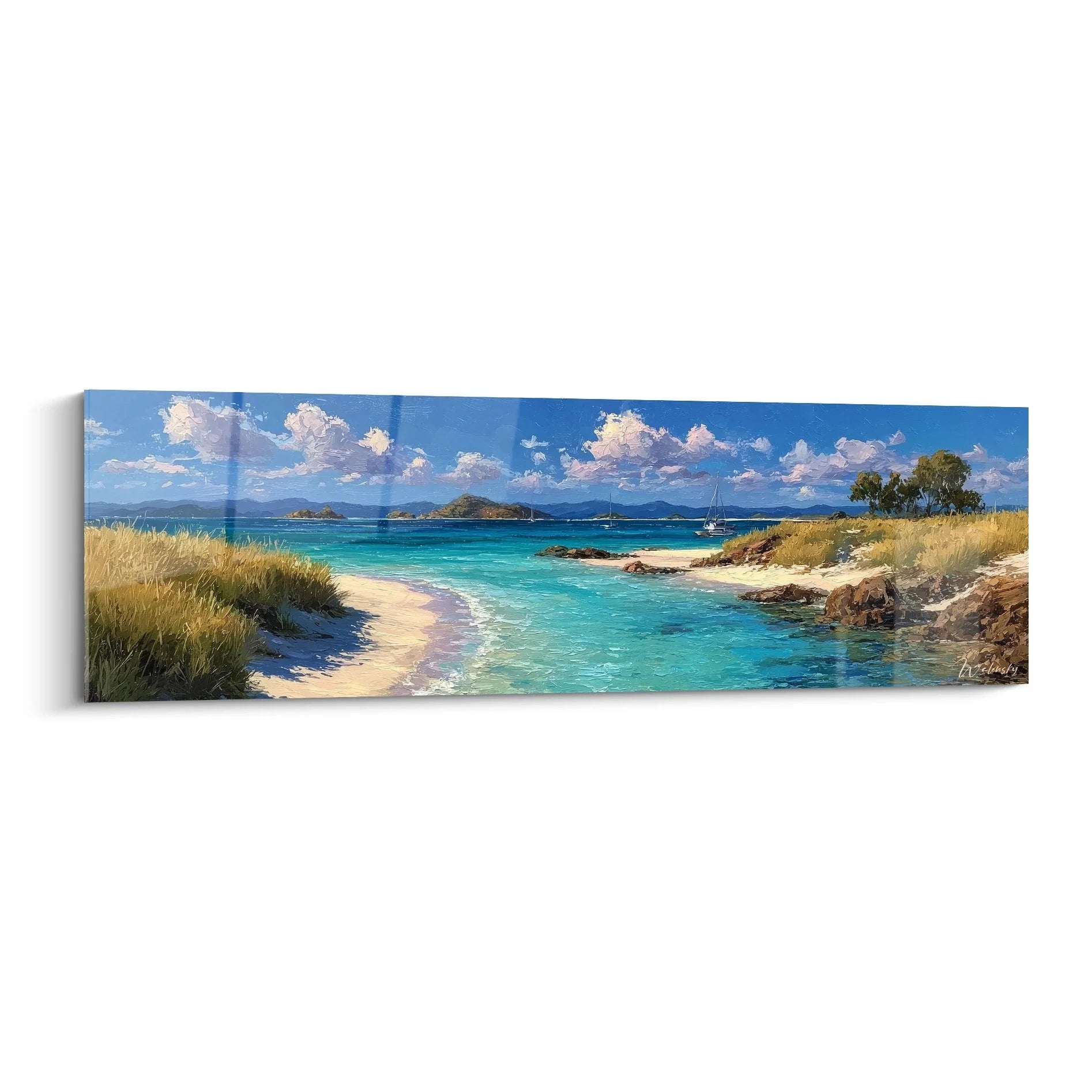 Wandbild tropischer Strand türkisblaues Wasser Palmen Dünen maritimes Panorama XXL