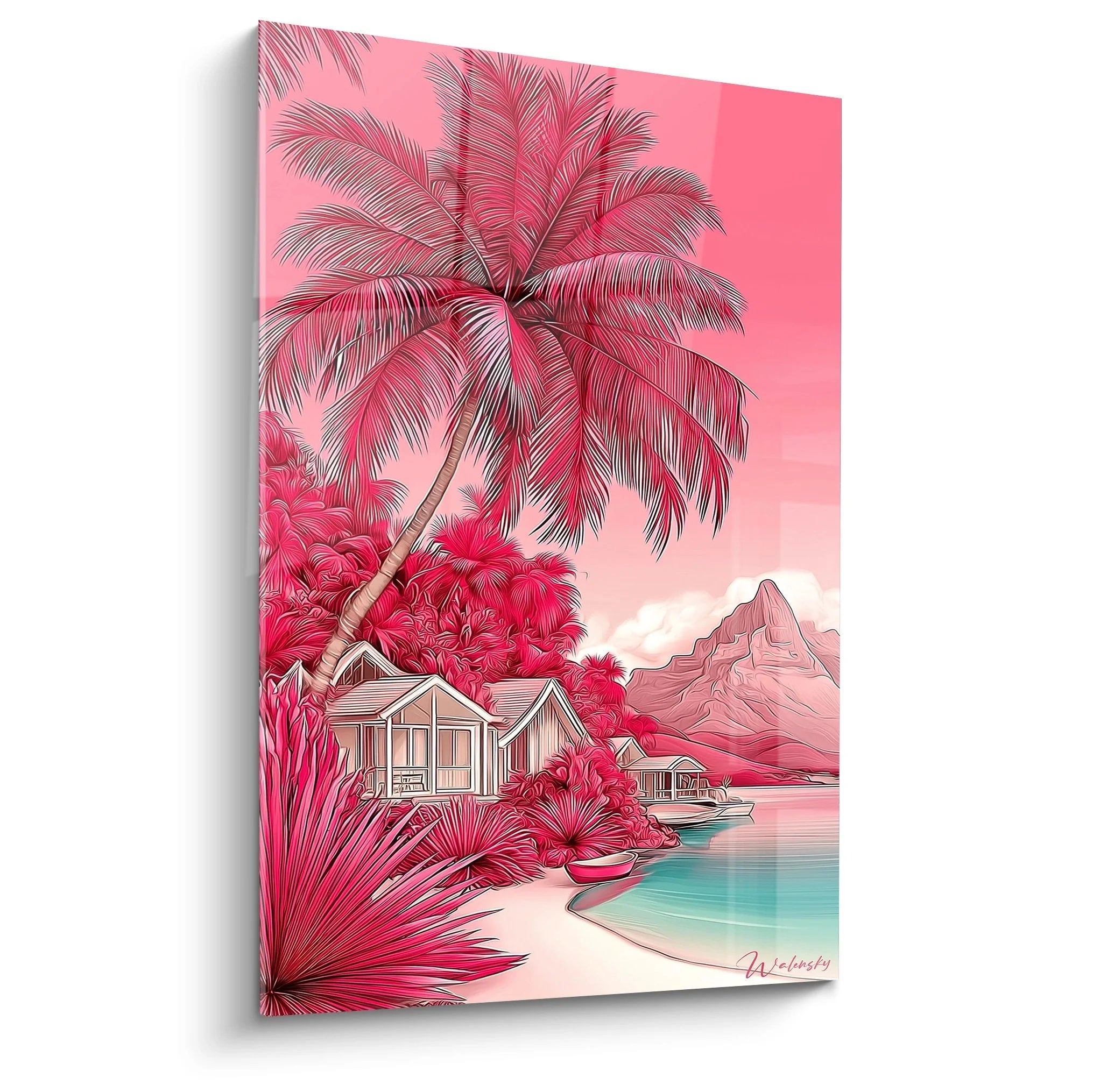 Wandbild tropisches Paradies mit rosa Palme und Berge, türkises Wasser und Strandhütten in Pastellfarben