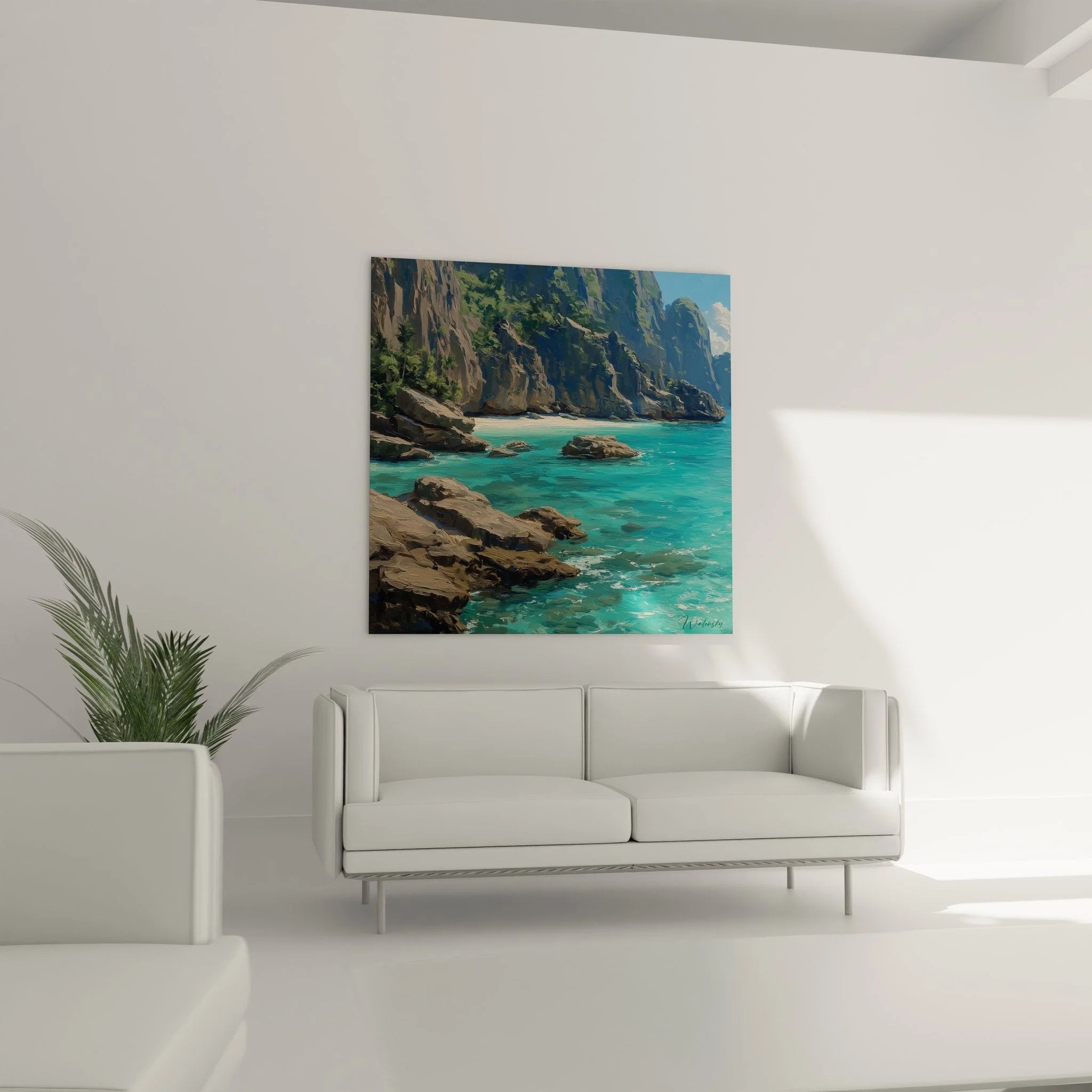 Detailansicht Wandbild türkise Bucht, kristallklares Meerwasser und Felsformationen in hoher Auflösung