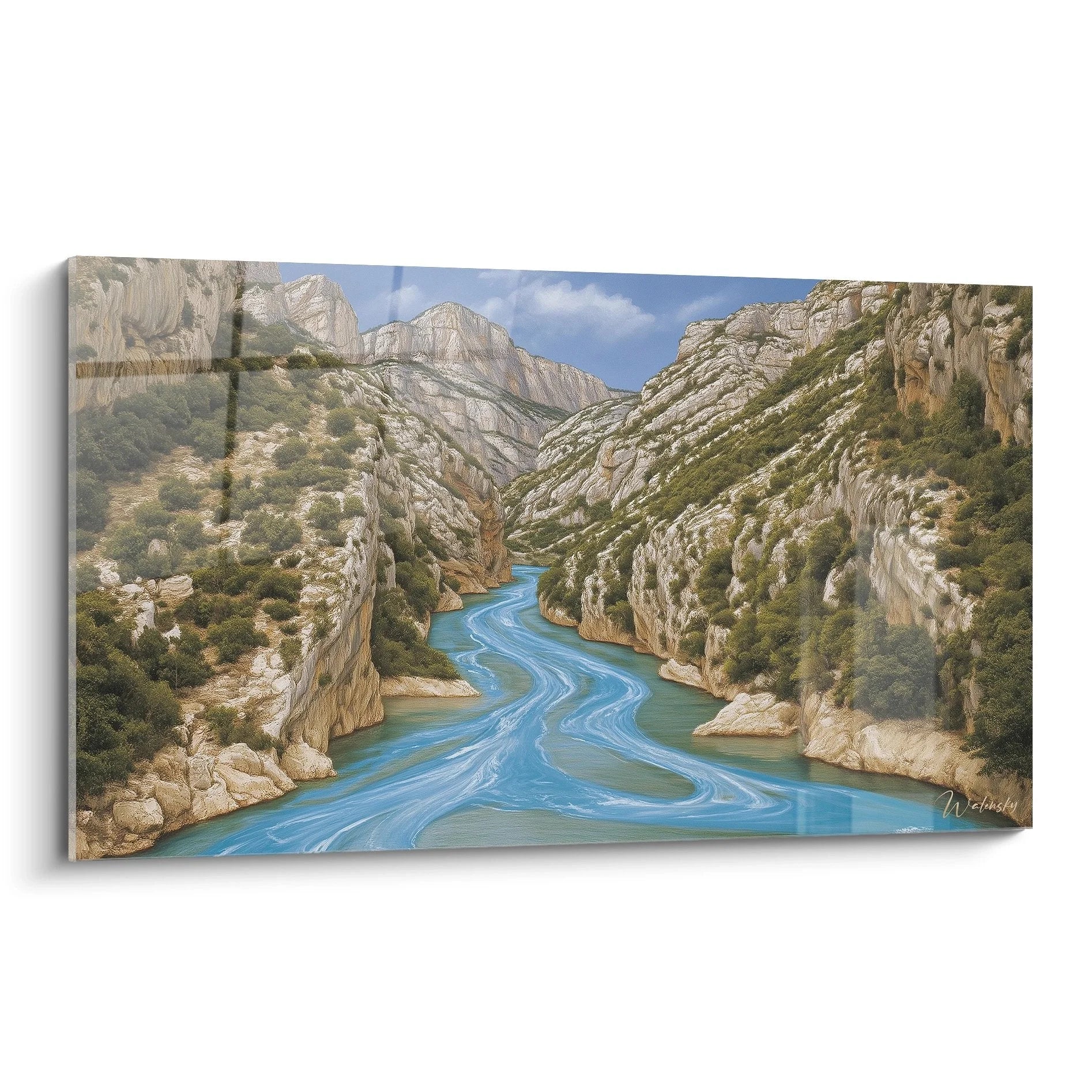 Wandbild türkise Schlucht mit kristallklarem Fluss zwischen hohen Kalksteinfelsen und grüner Vegetation