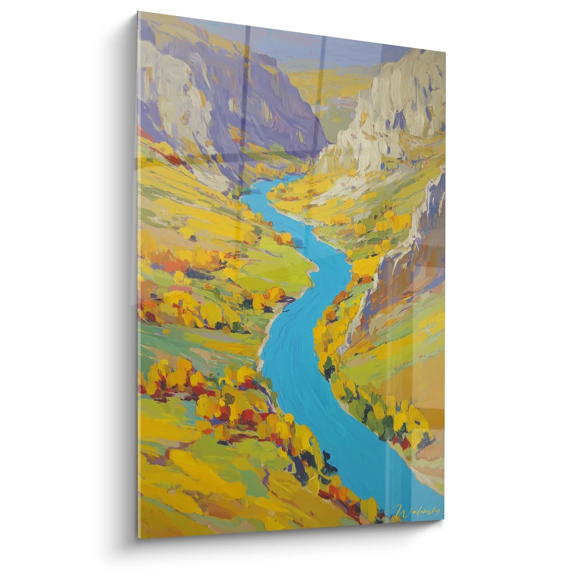 Wandbild türkiser Canyon-Fluss durch goldene Schlucht mit dramatischen Felswänden