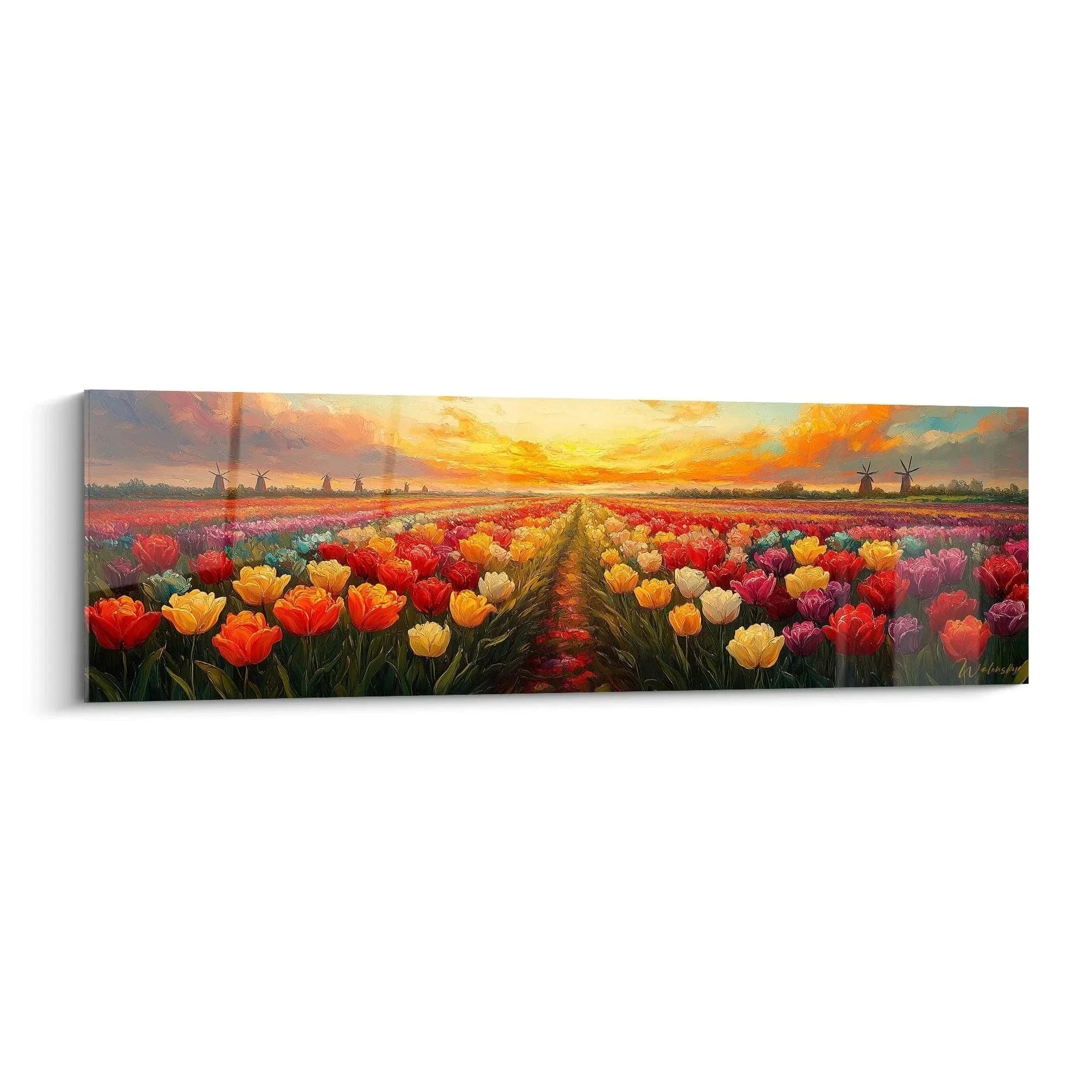 Wandbild Tulpenfeld mit bunten Blumen und holländischen Windmühlen bei Sonnenuntergang