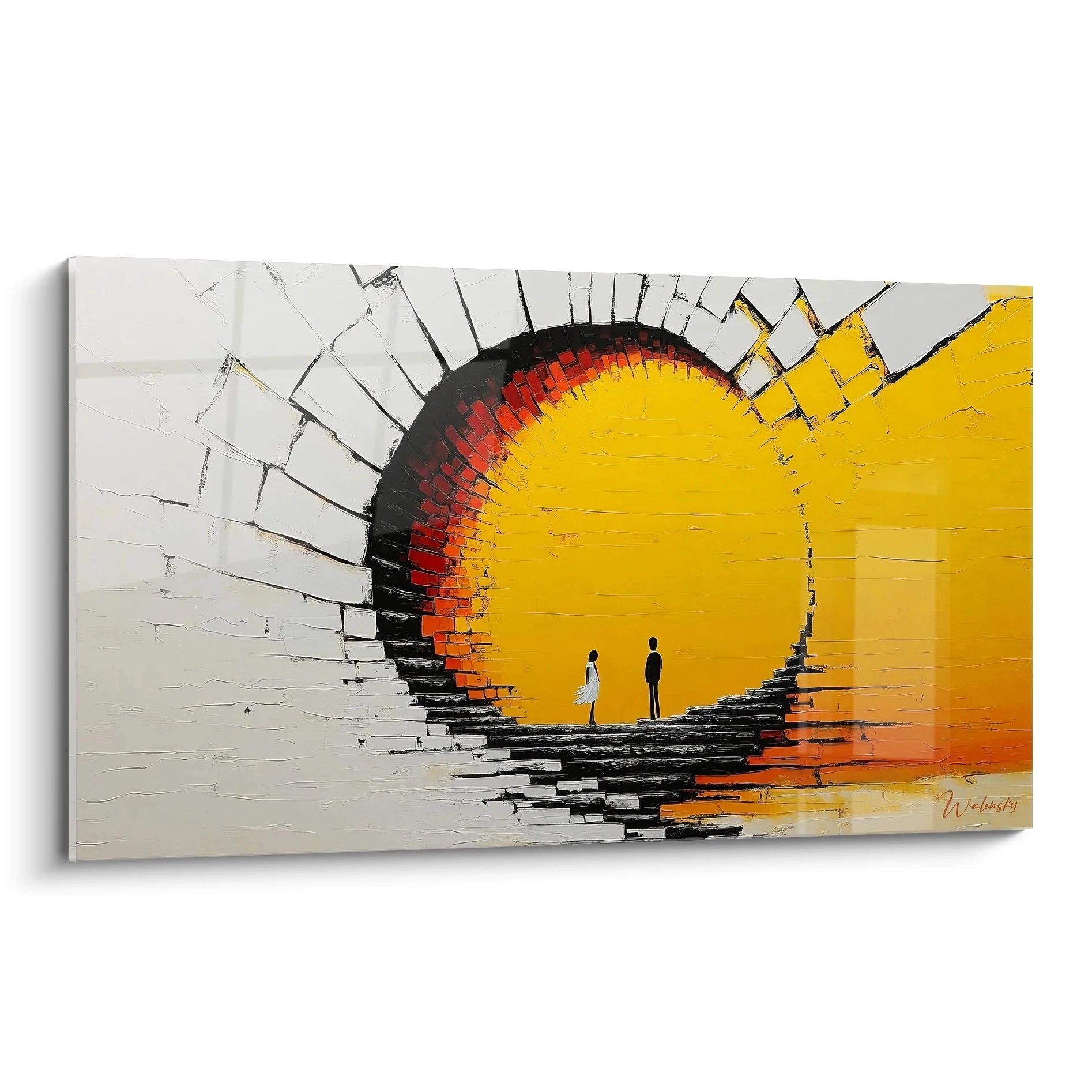 Wandbild Tunnel Spirale abstrakt mit zwei Figuren in gelb-orangen Tönen für moderne Wanddekoration