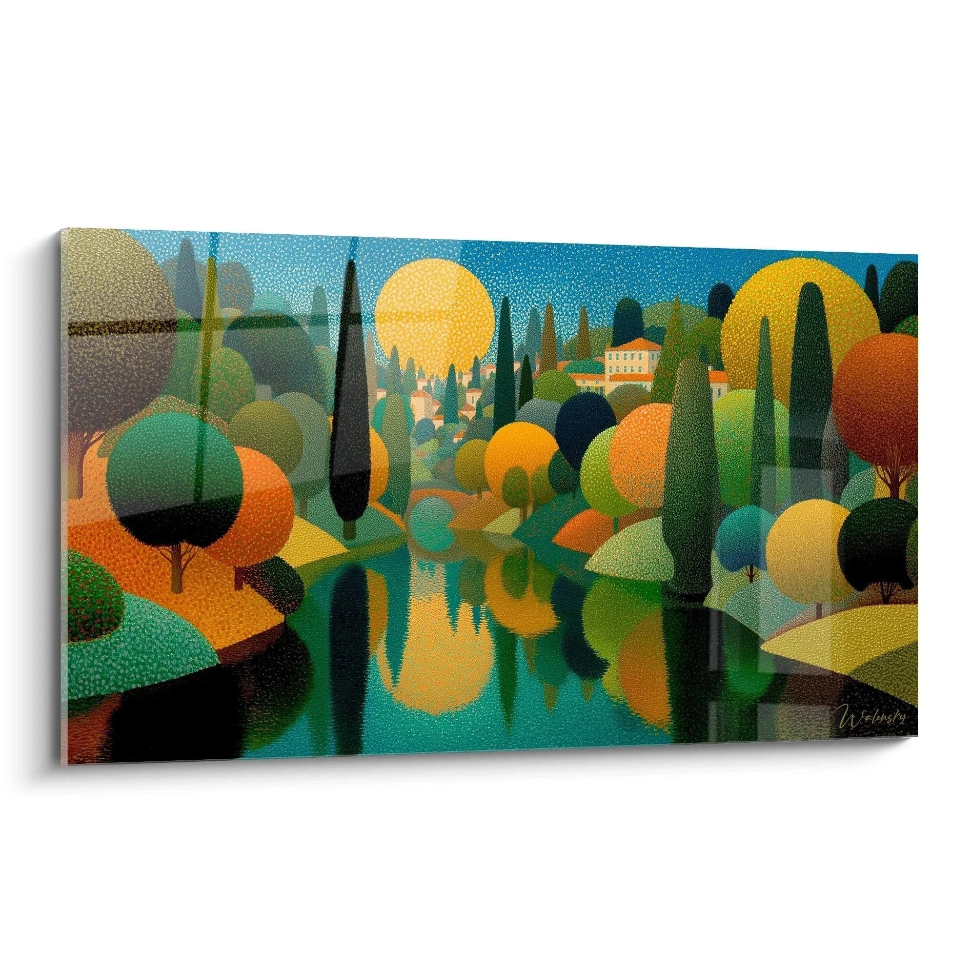 Wandbild Tuscany Dreams Pointillismus Stil italienische Landschaft mit Zypressen und Sonnenuntergang