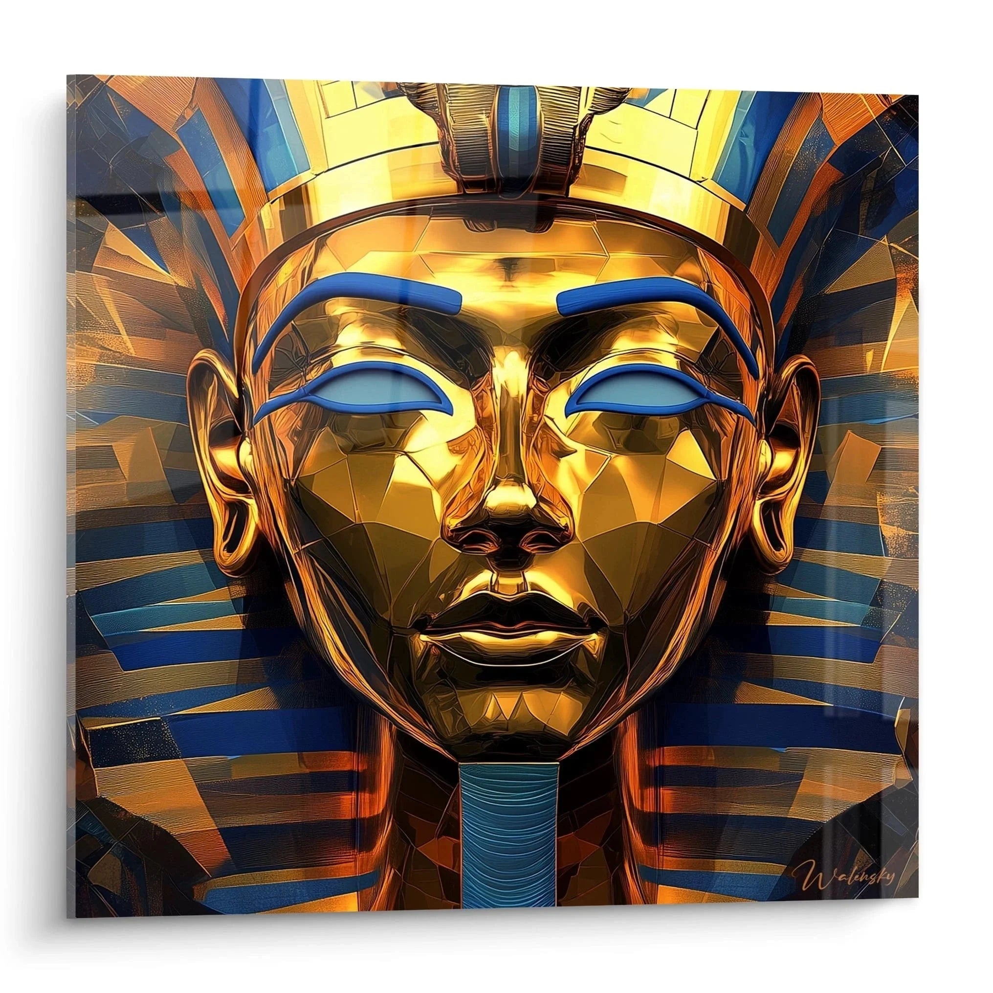 Wandbild Tutanchamun Maske in Gold und Blau, moderne ägyptische Kunst mit geometrischem Design