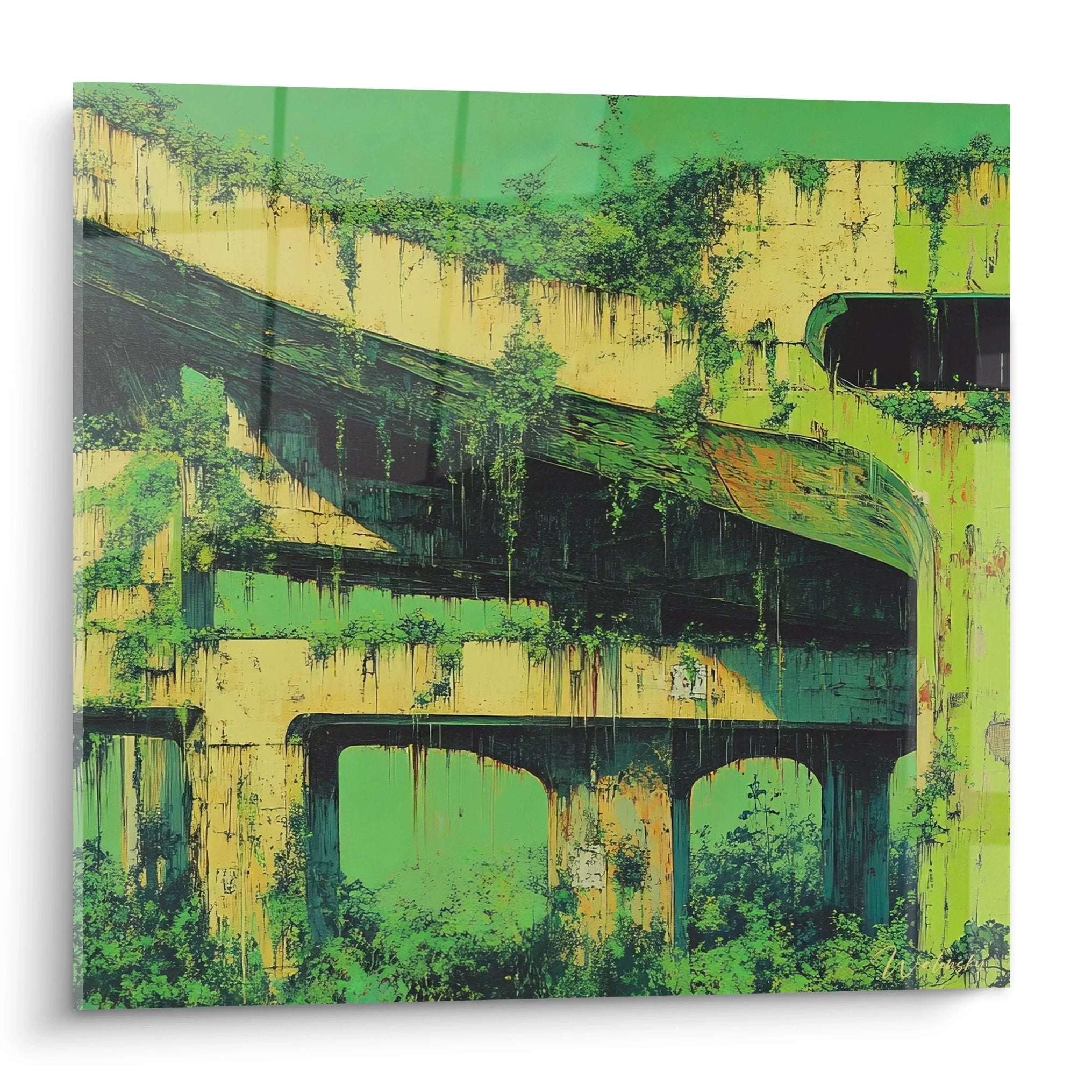 Wandbild überwachsene Brücke mit grüner Vegetation in apokalyptischer Architektur-Darstellung