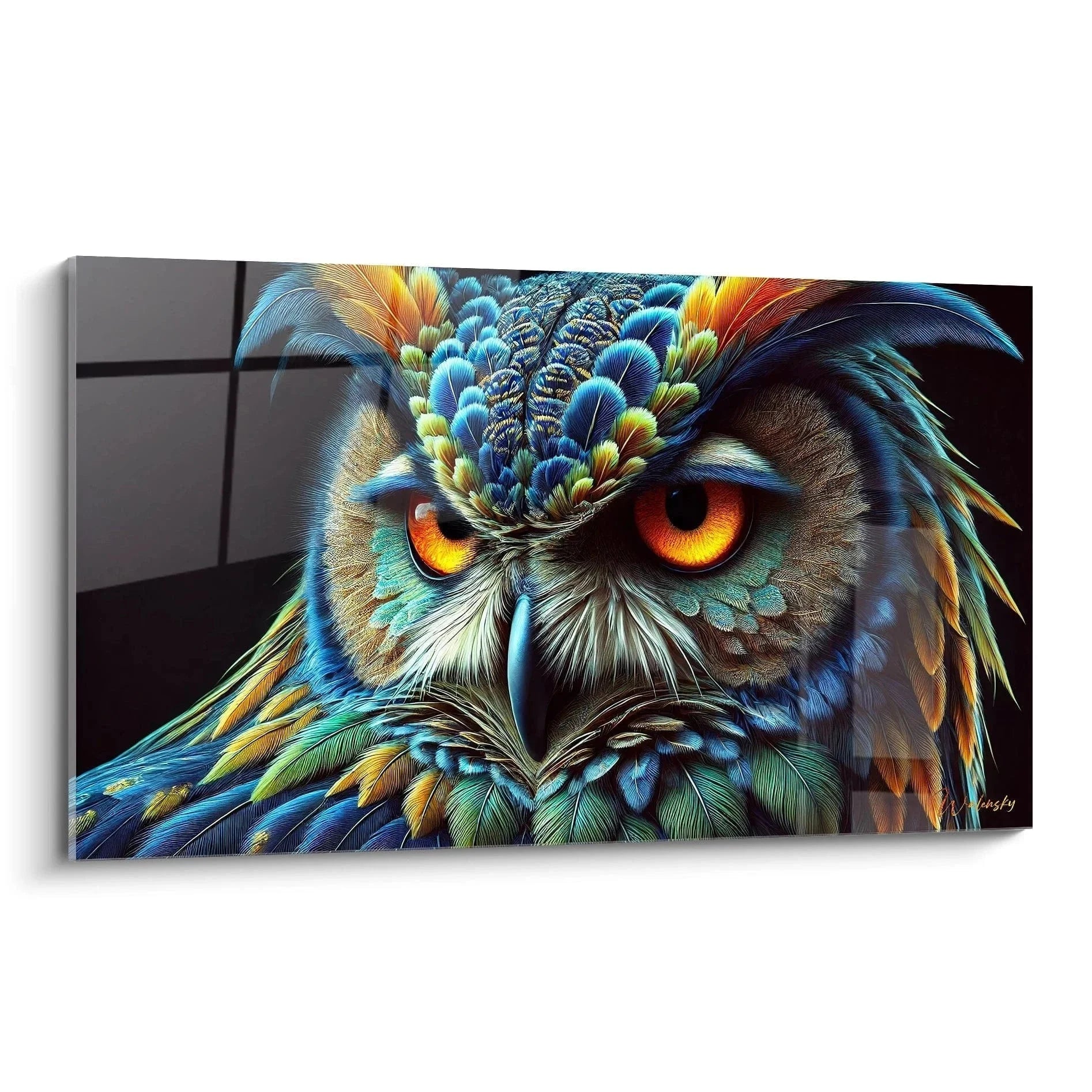 Wandbild Uhu mit leuchtenden Augen und bunten Federn in Blau Gold Tönen - Edition Uhu Wanddekoration