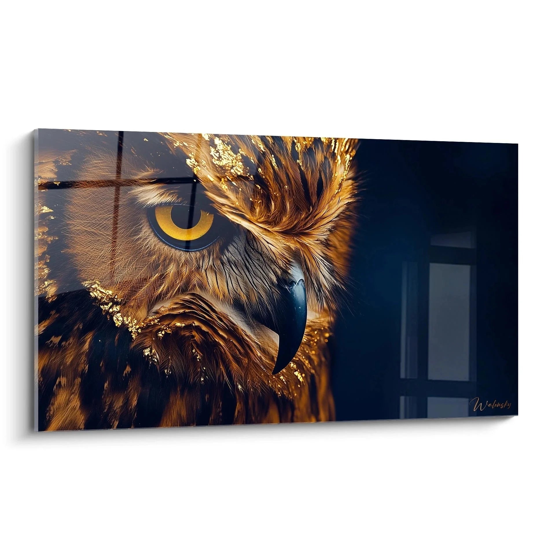 Wandbild Uhu mit goldenem Federkleid und intensiven Bernsteinaugen - Edition Uhu Kunstdruck