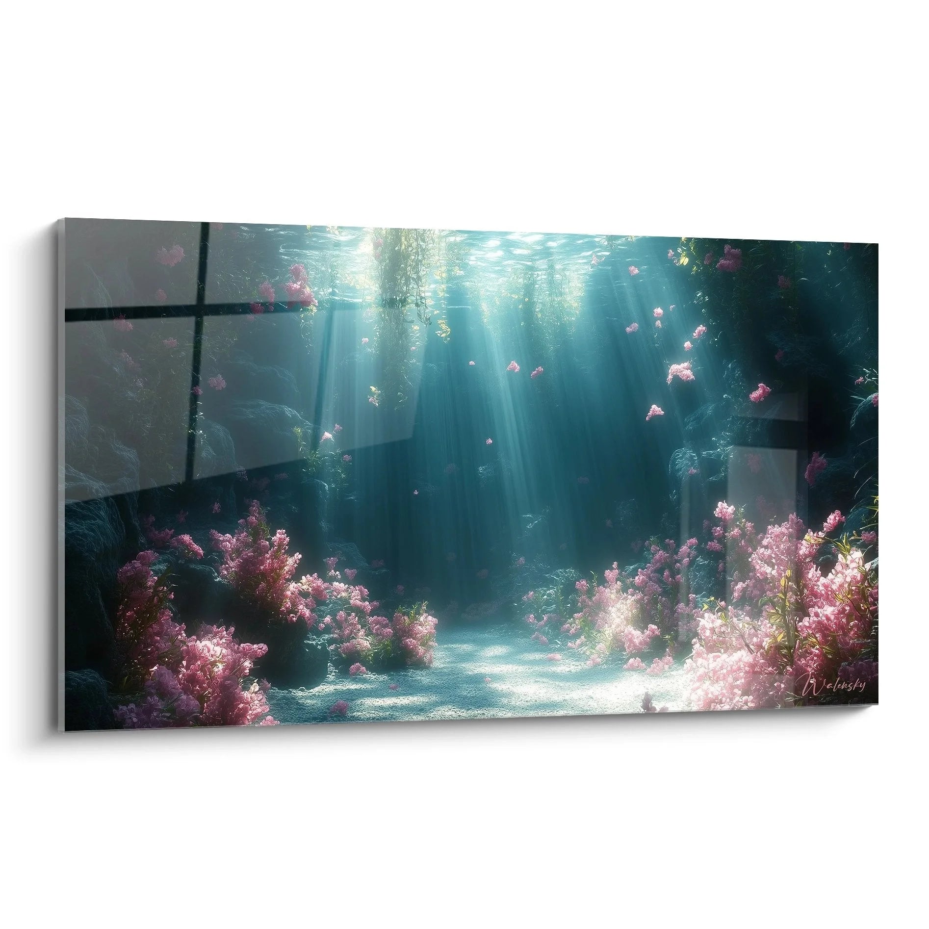 Wandbild Unterwasser Blütenwelt mit rosa Blüten und türkisem Wasser - Edition Wald