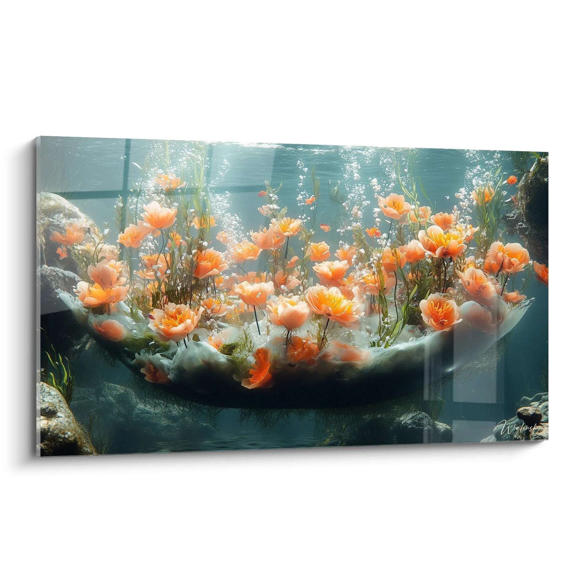 Wandbild Unterwasser Blumengarten mit orangefarbenen Mohnblumen unter Wasser, Luftblasen und türkisblauem Licht