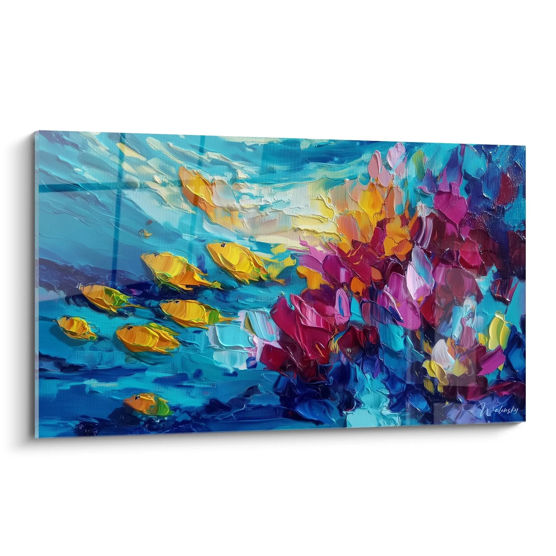 Wandbild Unterwasser Korallenriff mit gelben tropischen Fischen und bunten Korallen in türkisblauem Wasser