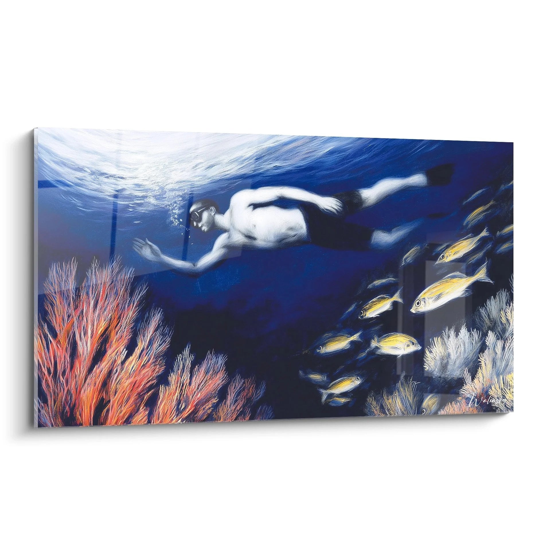 Wandbild Unterwasserszene mit Taucher und bunten Korallen in tiefblauem Ozean