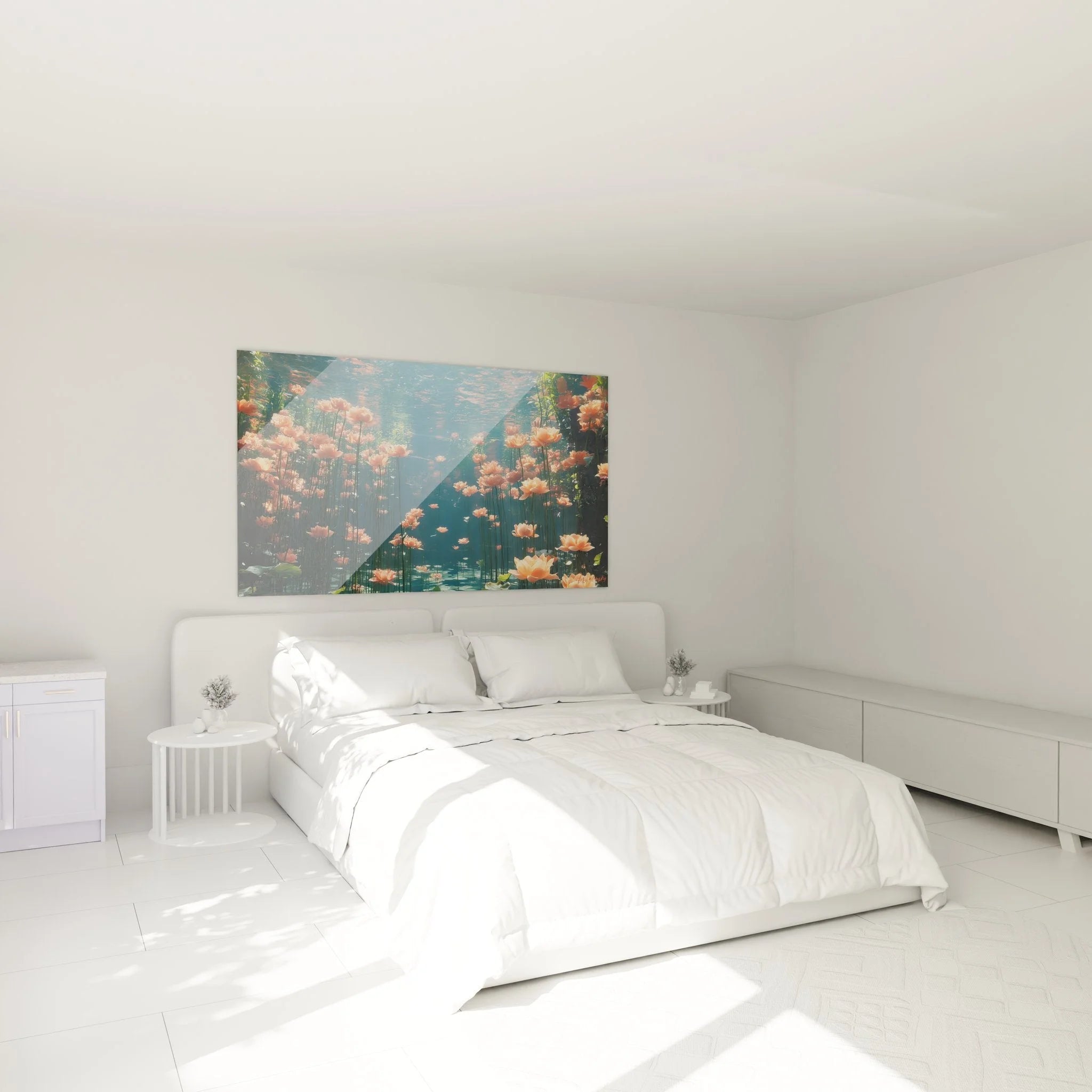 Schlafzimmer Dekoration mit Wandbild Unterwasserblumen, beruhigende Seerosen Atmosphäre