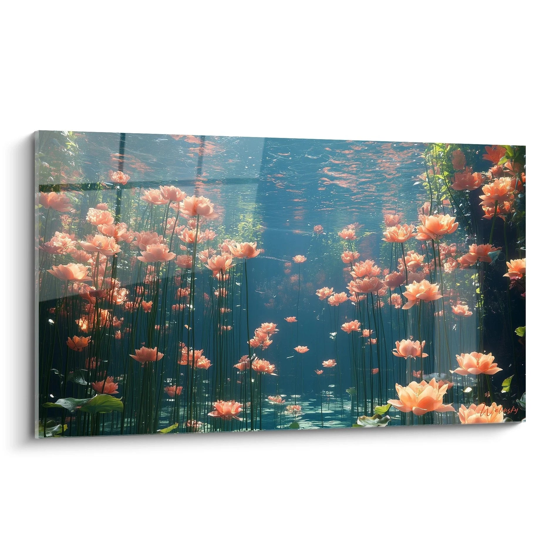 Wandbild Unterwasserblumen mit rosa Seerosen in türkisblauem Wasser, magische Unterwasserwelt