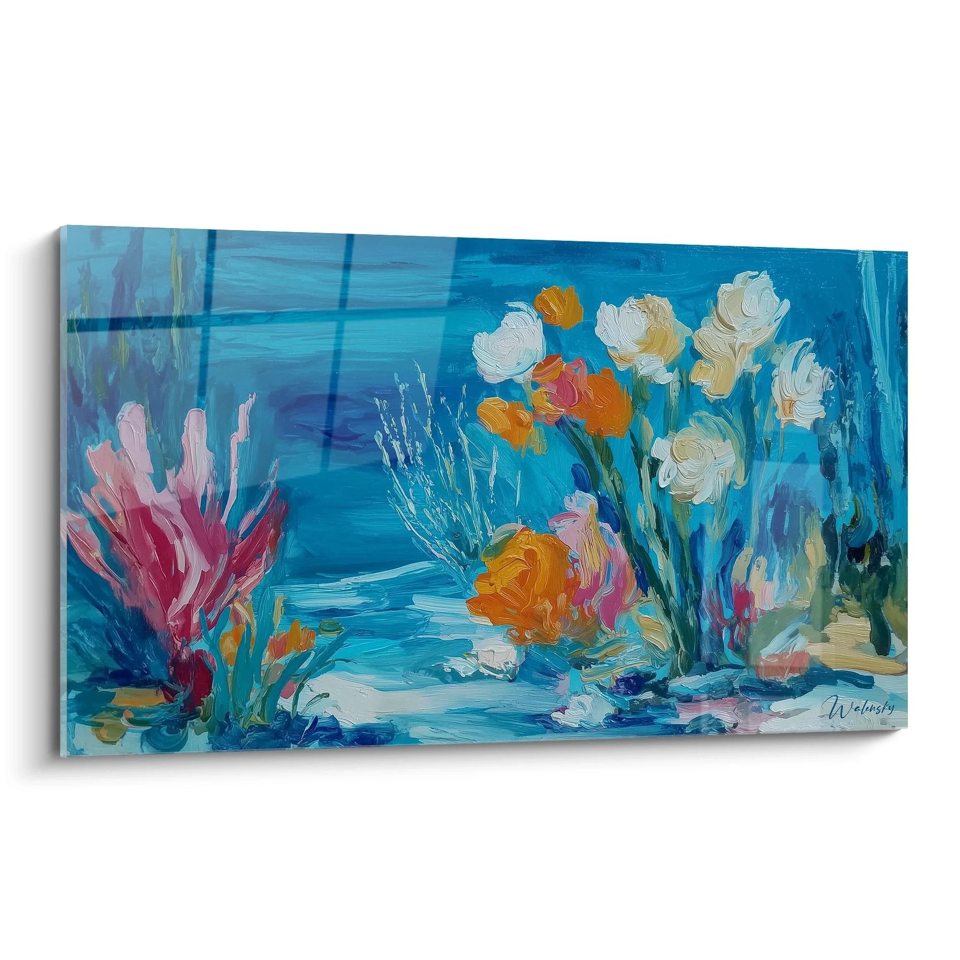 Wandbild Unterwassergarten mit bunten Meeresblumen und Korallen in impressionistischer Maltechnik