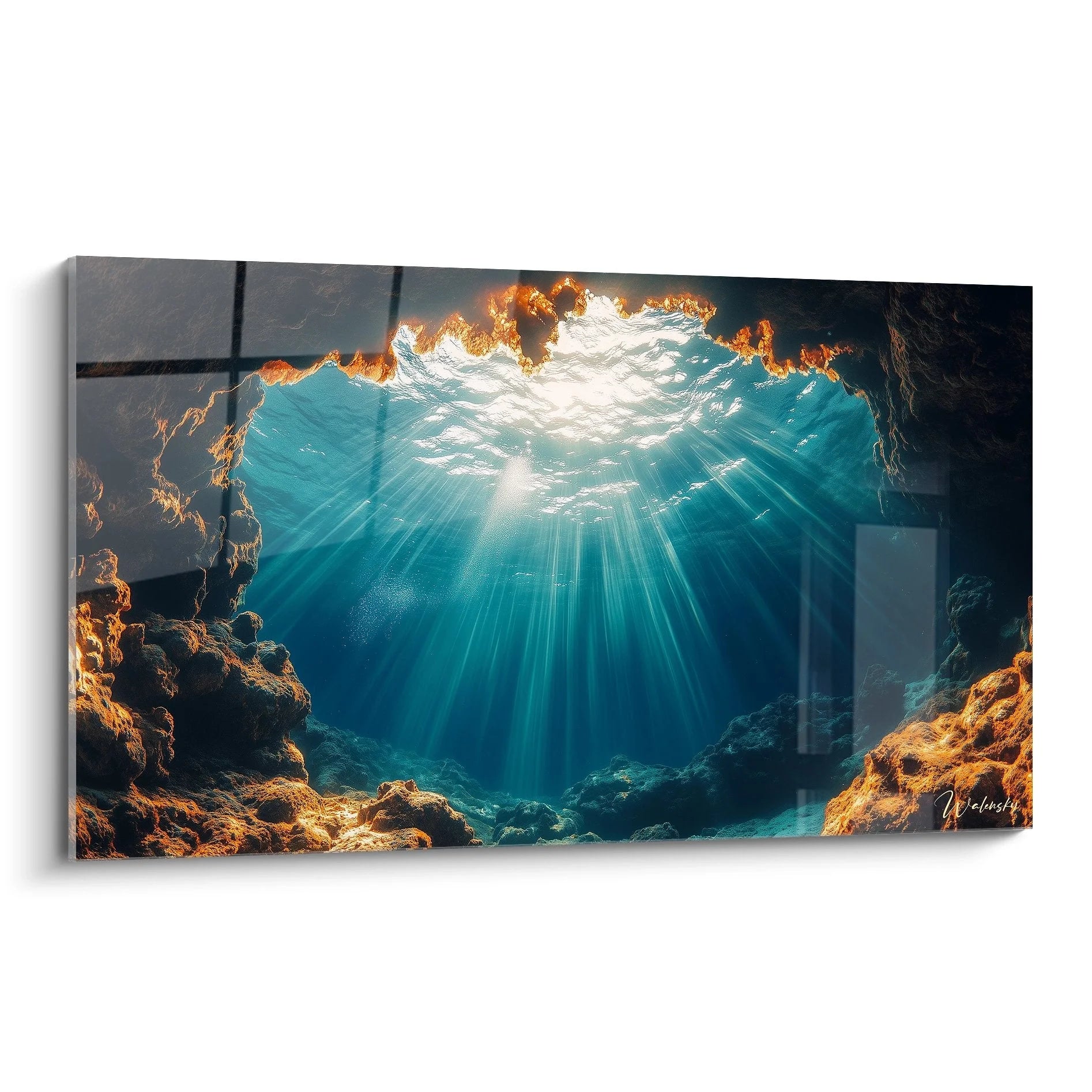 Wandbild Unterwasserhöhle mit mystischen Lichtstrahlen in türkisfarbenem Wasser - Edition Wald