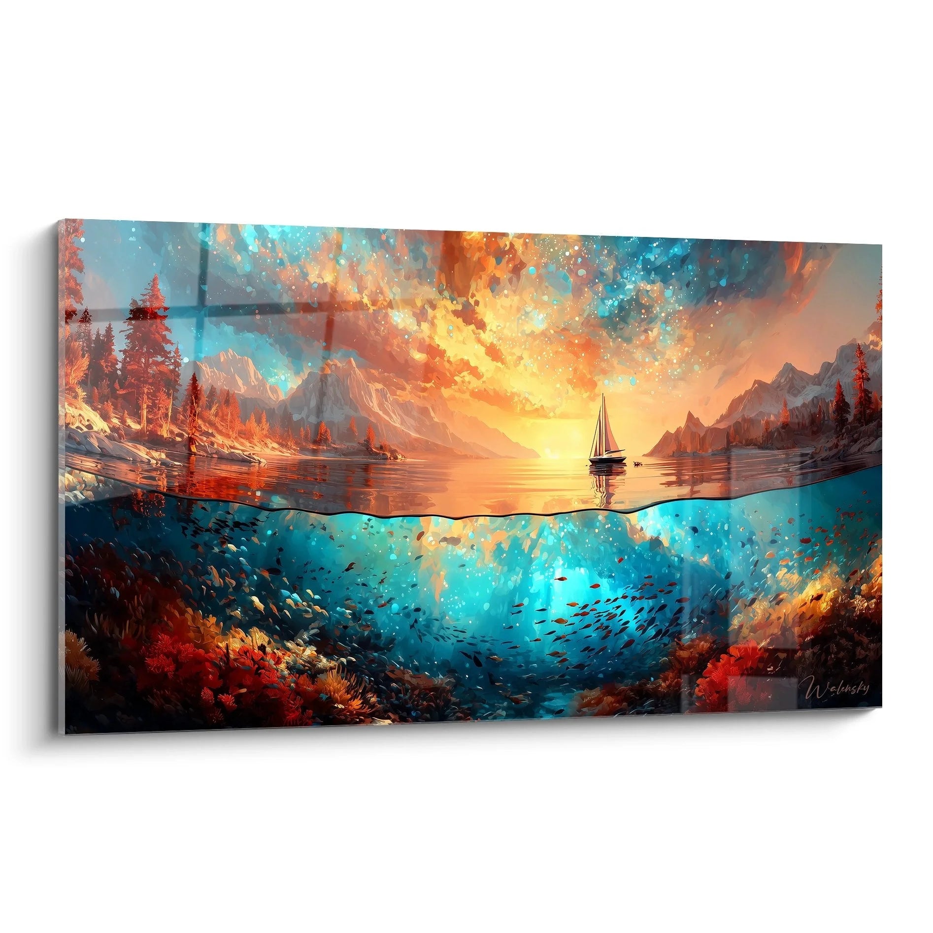 Wandbild Unterwasserlandschaft mit Segelboot und mystischer Doppelwelt in warmen Farben