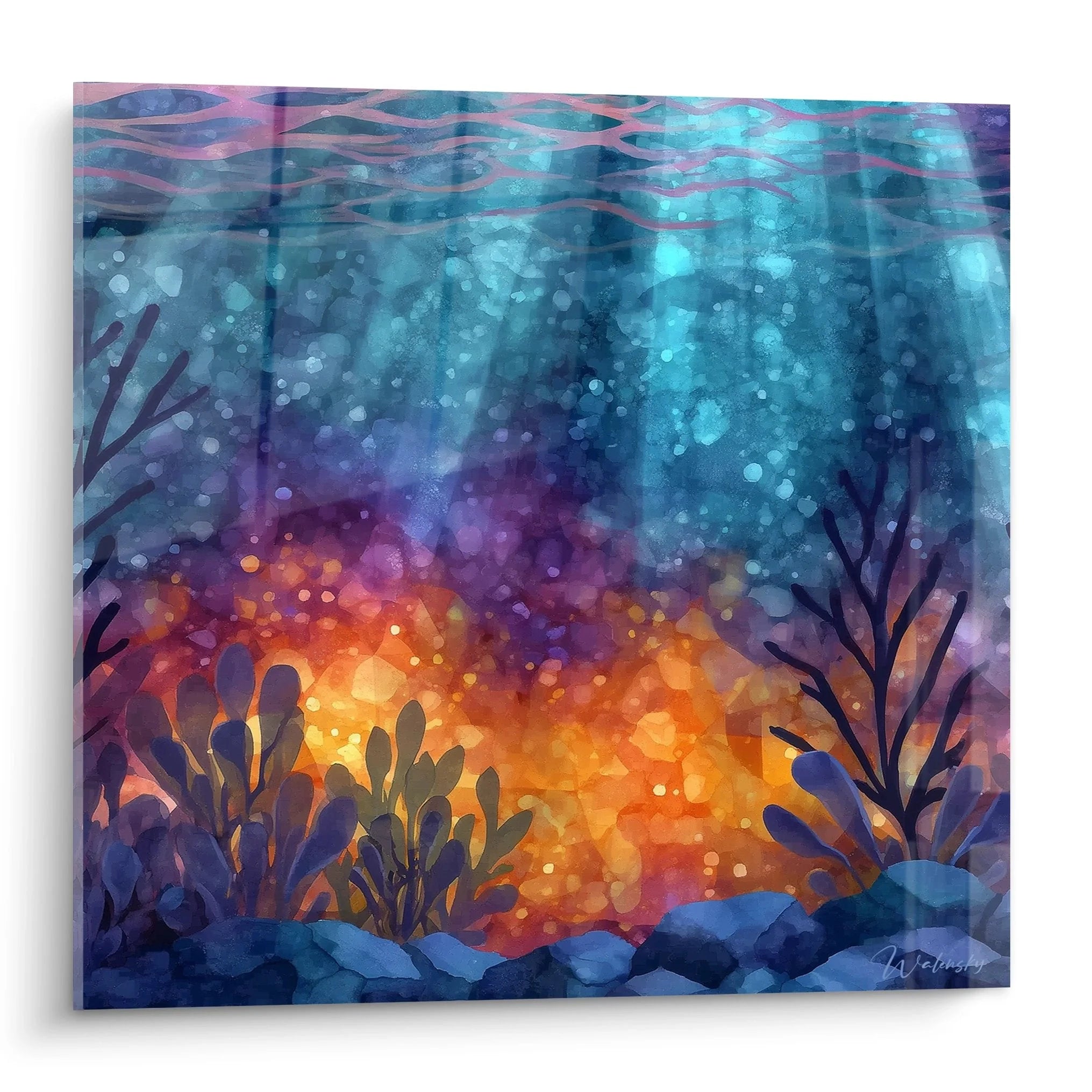 Wandbild Unterwasserwelt mit leuchtenden Korallen in Blau-Orange Farbharmonie - Edition Wüste